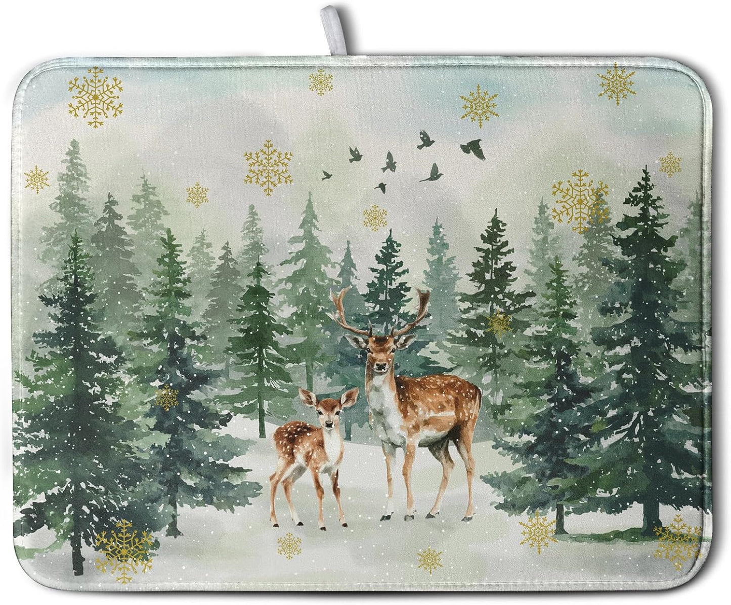 Reindeer Tree Snowflakes Christmas Dish Drying Mats for Kitchen Counter 18x24 Inch Winter Forest Dish Drainer Mats Absorbent Reversible Dish Draining Microfiber Dishes Drying Pad