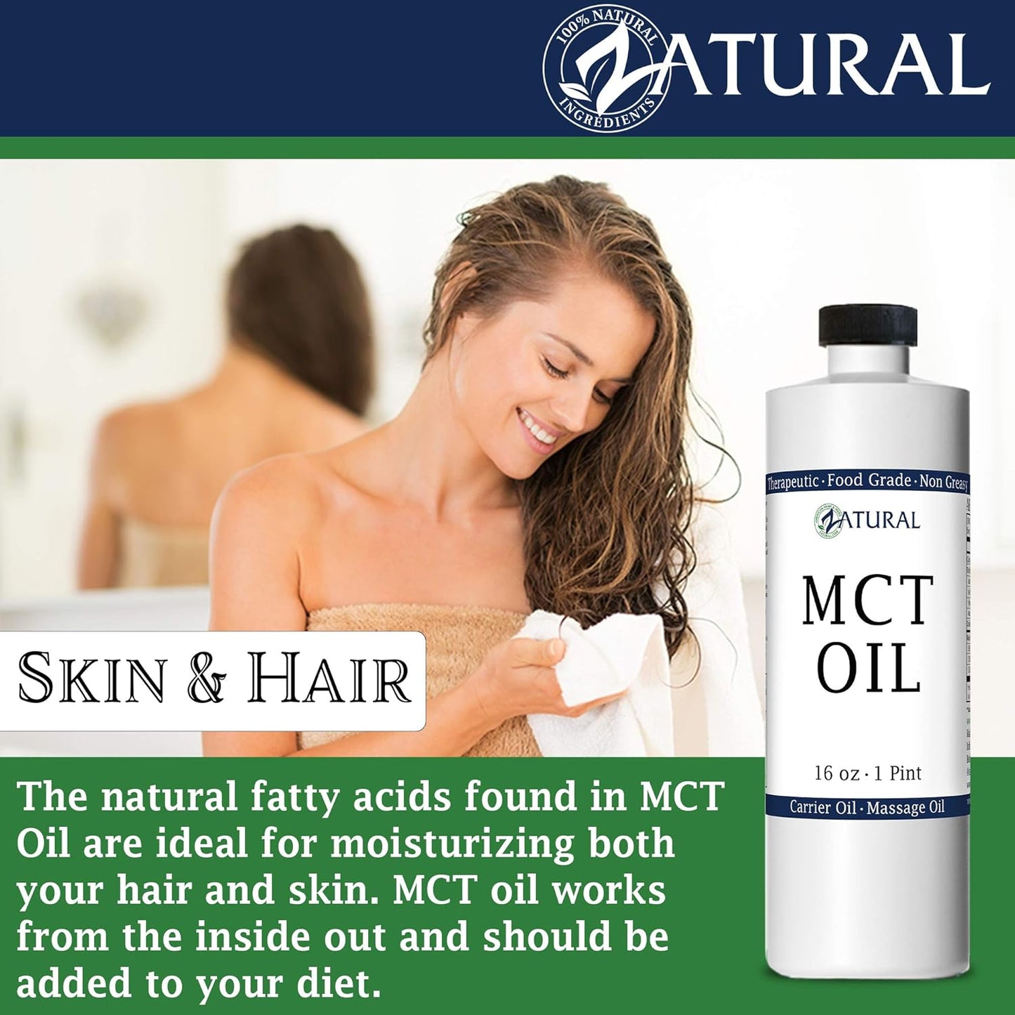 Pure MCT Oil, Carrier Oil, Massage Oil, Hydrating Oil, Hair Oil, Food and Therapeutic Grade, 32 Oz