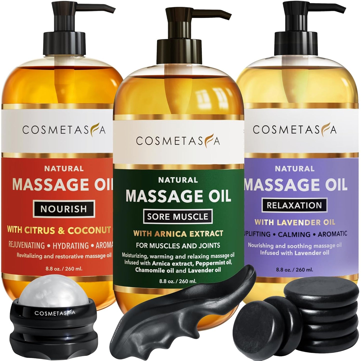 Cosmetasa Massage Oil Spa Gift Set for Women – Relaxing Lavender, Warming Arnica & Nourishing Citrus & Coconut Oils – Includes Roller Ball, Thumb Saver & Hot Stones – Self Care Kit & Body Massage Oils