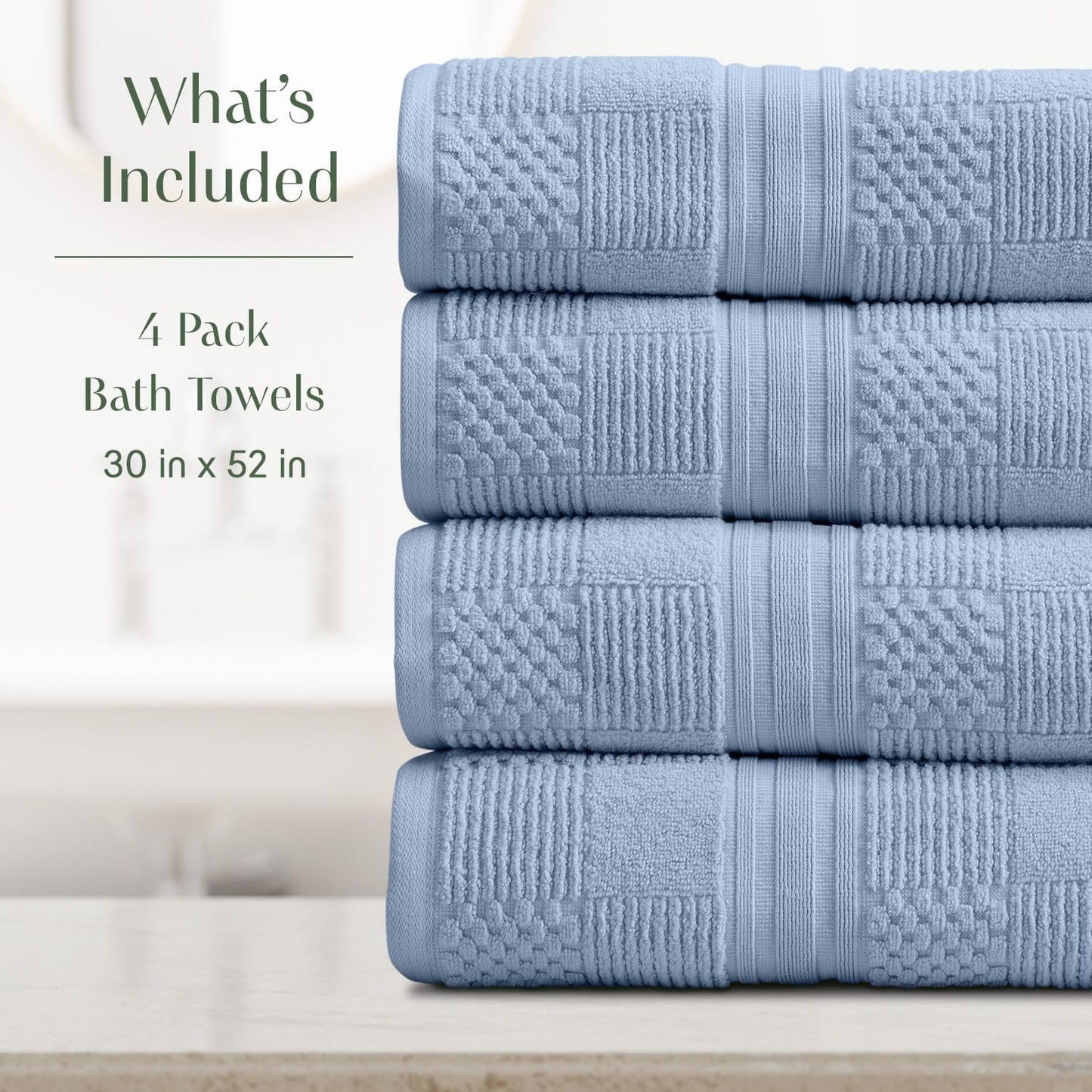 Springtree Home 100% Cotton Bath Towel Set of 4 | Blue Towels | Geometric Textured Design | Absorbent & Quick-Dry | 4 Bath Towels | Oeko-TEX® Standard 100 Cotton | Myla Collection - Blue Cashmere