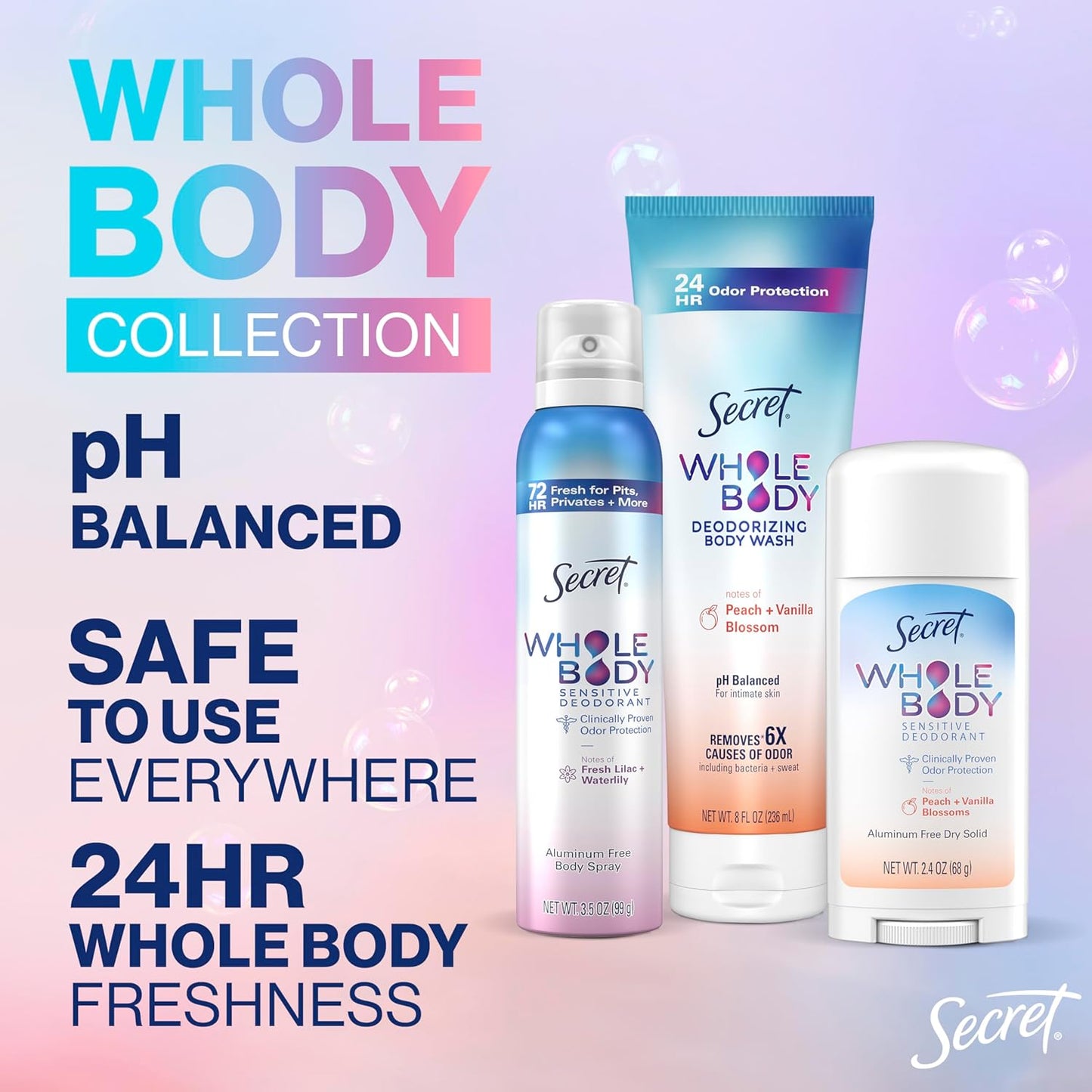 Secret Feminine Wash, 24 HR Deodorizing Feminine Body Wash for Women, Removes 6x Causes of Odor, PH Balanced, Safe to Use Everywhere, Lilac & Waterlily Scent, 8.0 oz