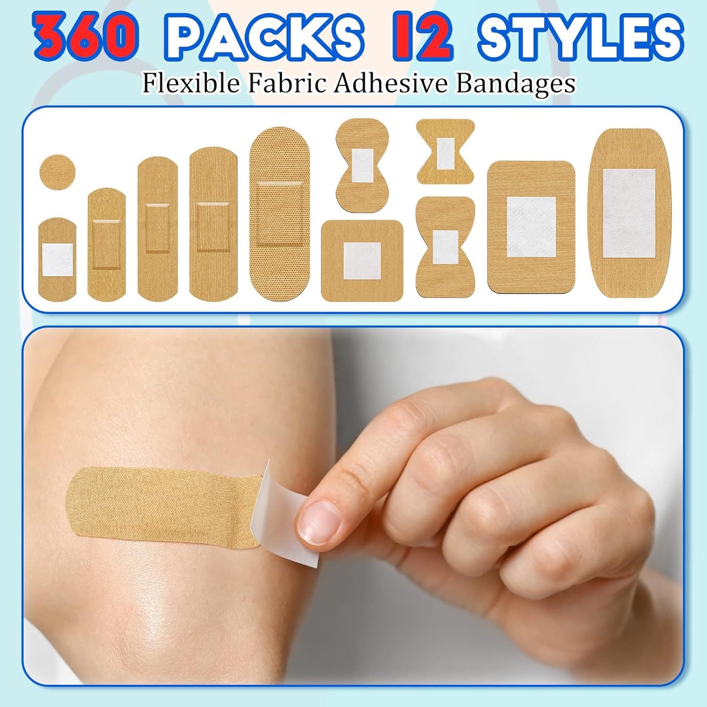 BBTO Assorted Styles Flexible Fabric Adhesive Bandages Small Breathable Fingertip Bandages Cloth Elastic Knuckle Bandages Various Sizes Spot Bandage for First Aid and Wound Care(360 Pcs)