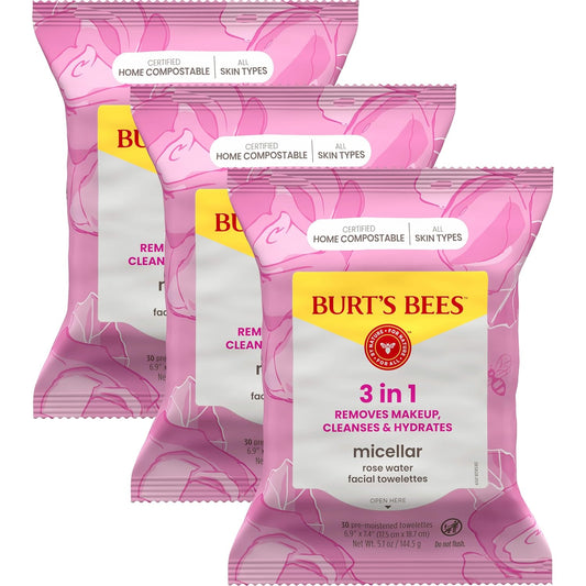 Burt’s Bees Micellar Rose Water Facial Towelettes, 100% Plant Based Cloth; 99% Natural Origin; Remove Makeup, Cleanse, Hydrate; No Greasy, Oily Residue; All Skin Types (Pack May Vary)