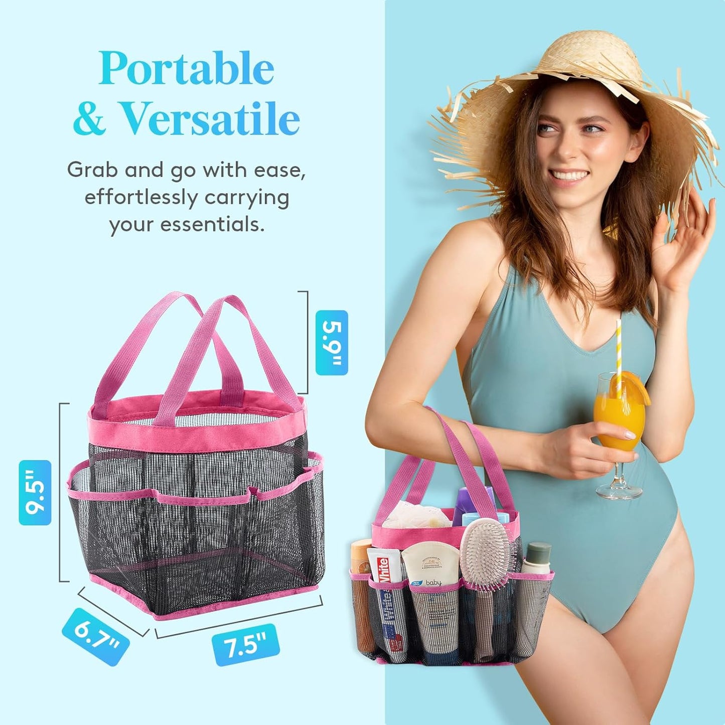 Lifewit Mesh Shower Caddy Freestanding Portable Shower Tote Bag for College Dorm, Bathroom, Gym, Travel, Quick Dry Hanging Shower Organizer with 7 Storage Pockets for Toiletry Essentials, Pink