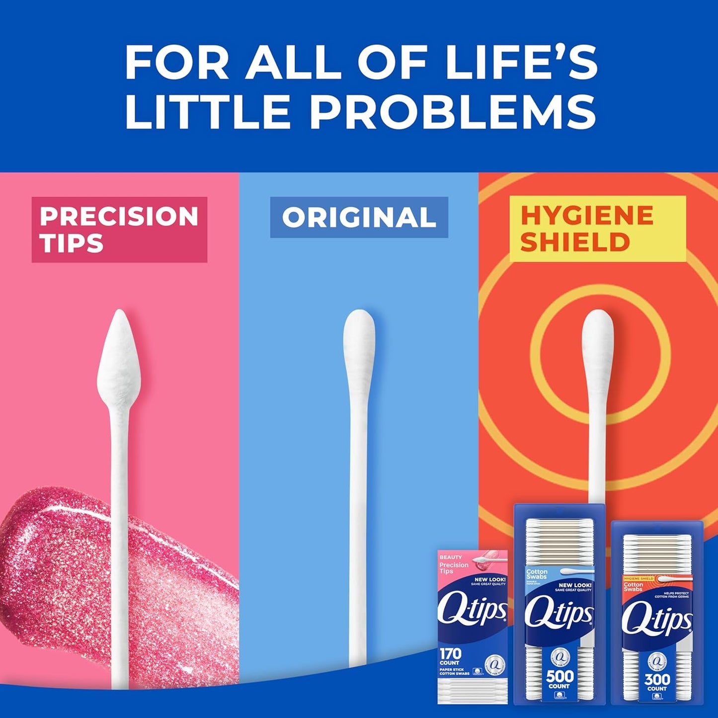 Q-tips Cotton Swabs, Variety Pack, Original, Hygiene Shield and Precision Tips for Home, First Aid and Beauty Care, Made with 100% Cotton, 1440 Count