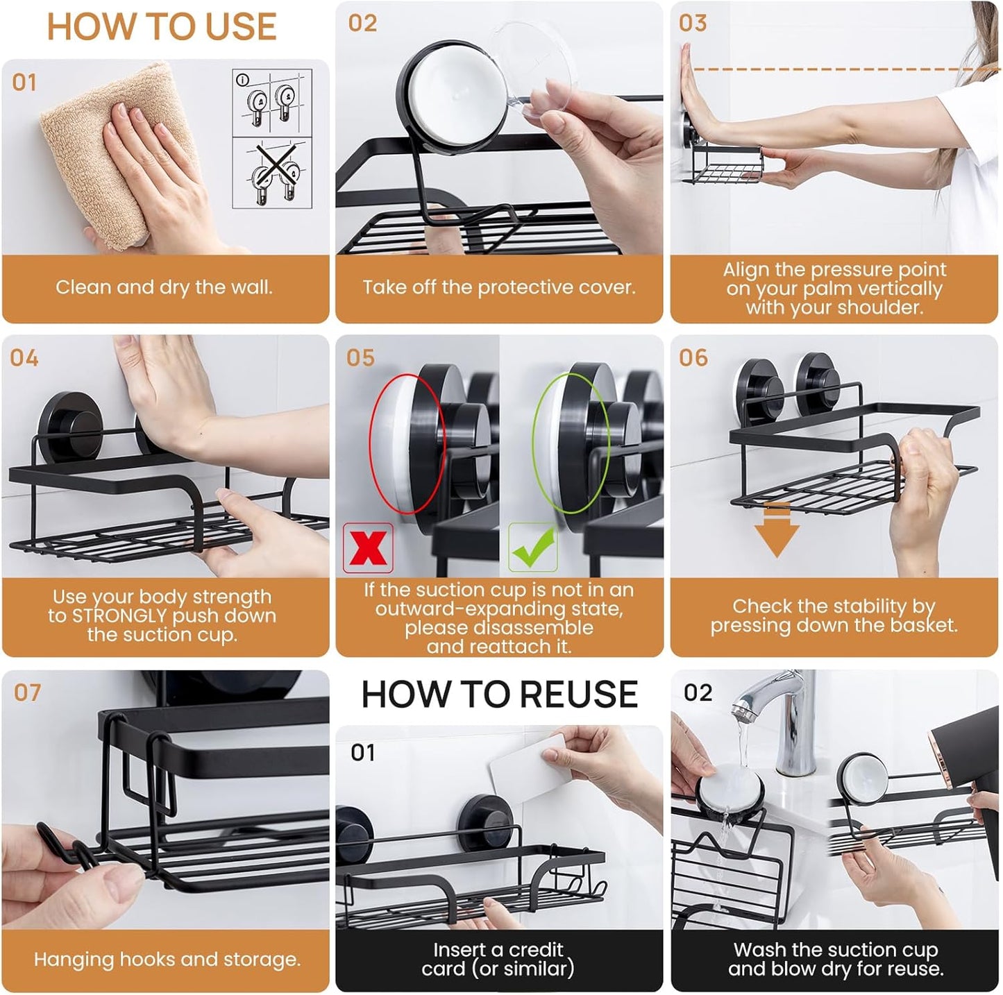 LEVERLOC Shower Caddy Suction Cup, 2 Pack Shower Shelves for Inside, Black Rustproof Metal Bathroom Storage NO-Drilling Bathroom Organizer with Large Capacity, Heavy Duty Storage Basket