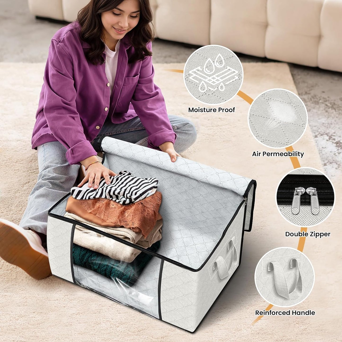 Fab totes 4 Pack Clothes Storage, Foldable Thick Fabric Blanket Storage Bags, Containers for Organizing Bedroom, Closet, Clothing, Comforter, Organization with Handle,Ivory White