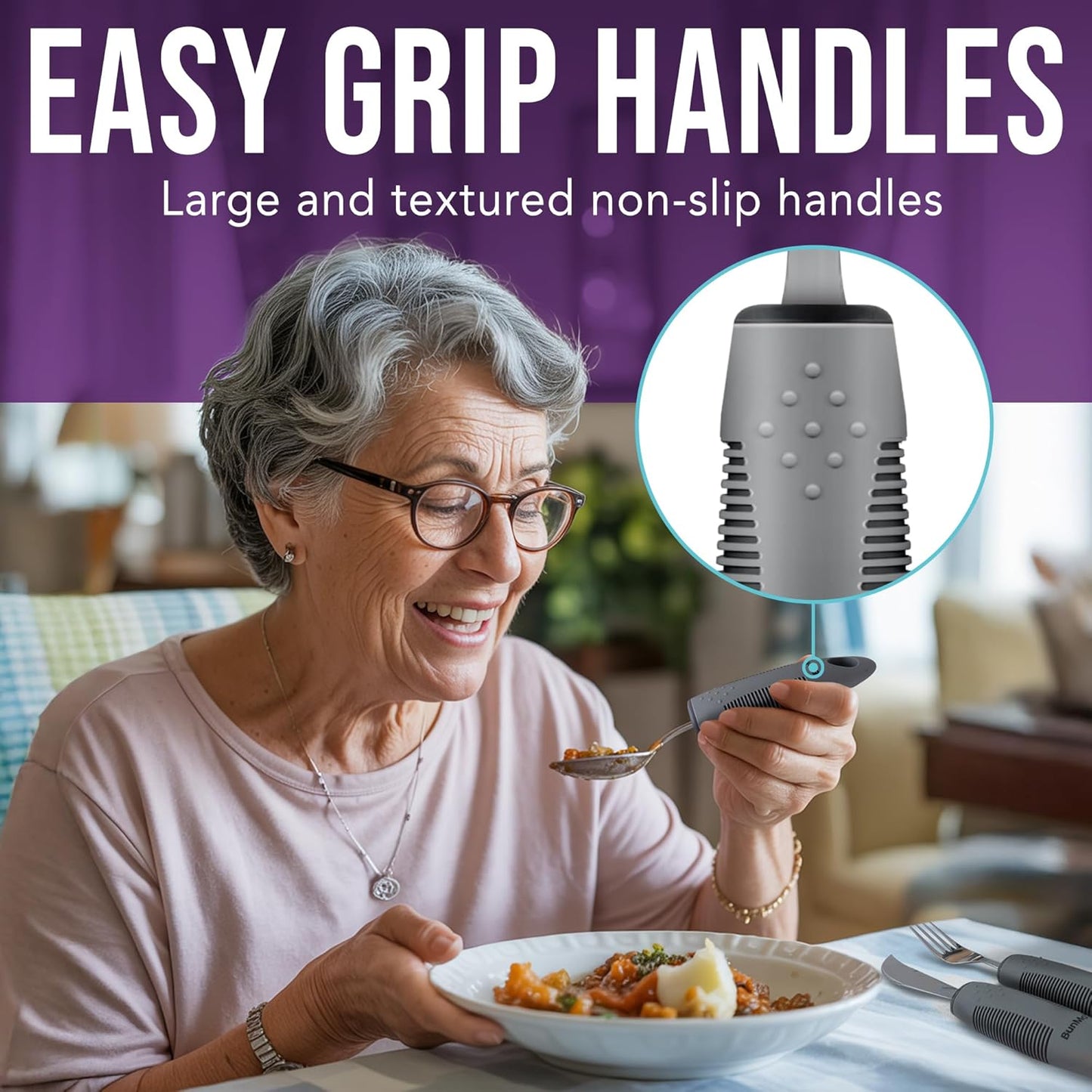 BUNMO Adaptive Utensils for Elderly, Tremors & Weak Hand Grips – 4pc Lightweight Assistive Silverware Set with Foam Easy Grip Handles – Discreet Canvas Travel Wrap – Dishwasher Safe