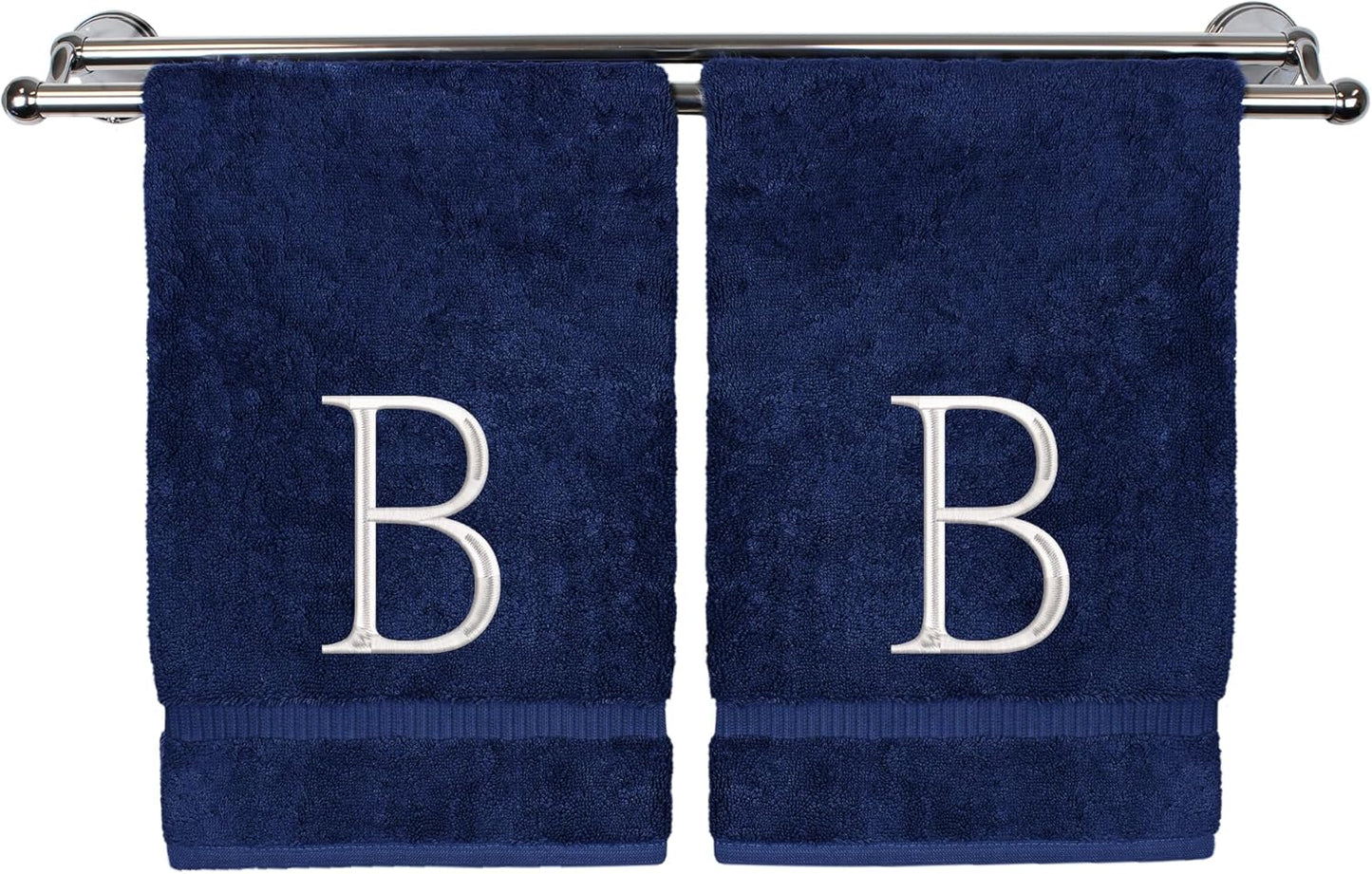 Monogrammed Hand Towel, Personalized Initial Gift, Extra Absorbent 100% Turkish Cotton - Soft Terry Finish - Set of 2 - White Block Initial B - Embroidered on Navy Blue Towels