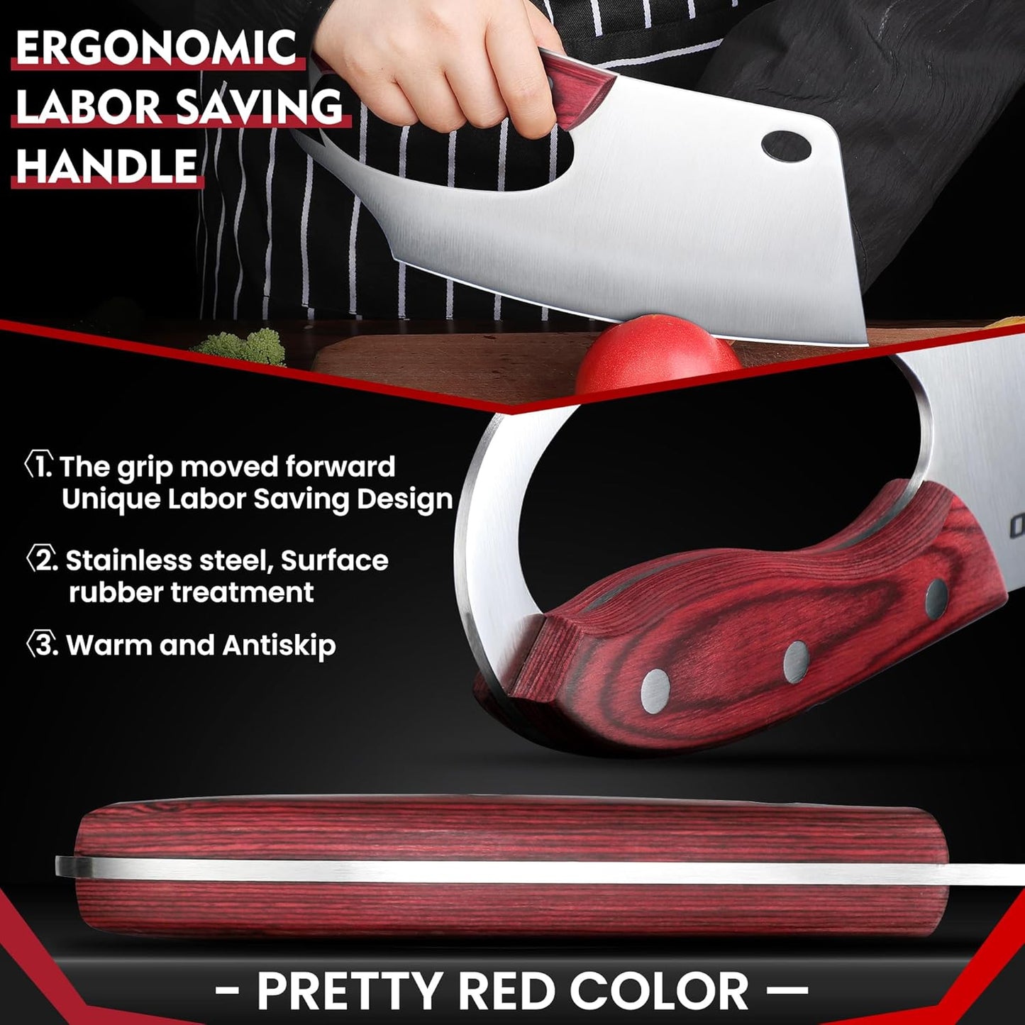 ROCOCO Meat Cleaver Knife Unique Effort Saving Professional Stainless Steel Kitchen Chef Cooking Knives for Cutting Meat Vegetable Thanksgiving Christmas Gift Red Full Tang 7.48"