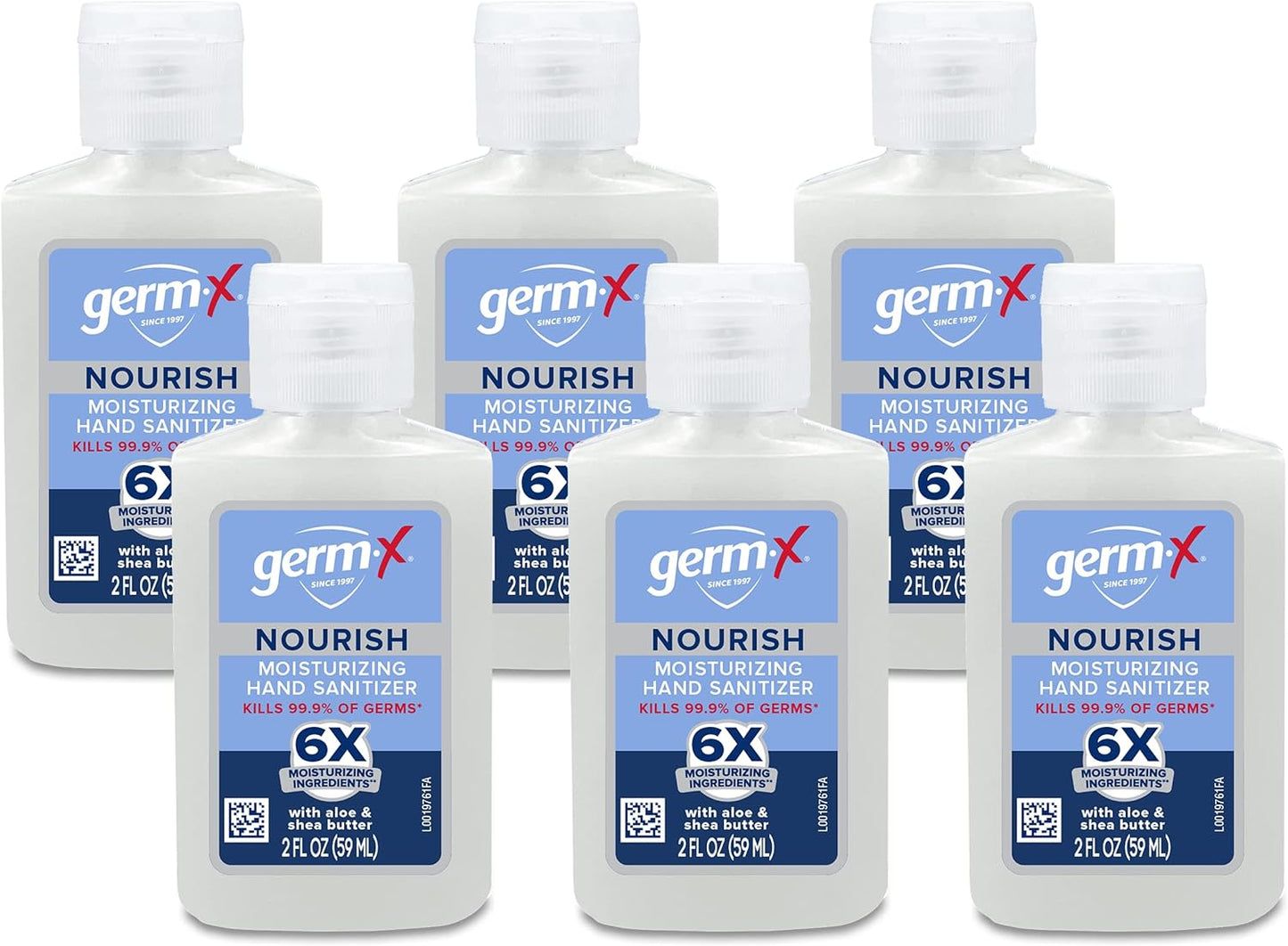 Germ-X Nourish Hand Sanitizer, 2-in-1 Moisturizing and Sanitizing Formula with Shea Butter, Vitamin E & Aloe, Non-Greasy, Mini Travel Size for On-The-Got, 2 Fl Oz (Pack of 6)