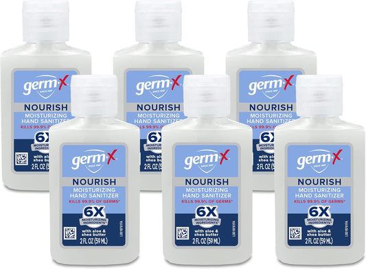 Germ-X Nourish Hand Sanitizer, 2-in-1 Moisturizing and Sanitizing Formula with Shea Butter, Vitamin E & Aloe, Non-Greasy, Mini Travel Size for On-The-Got, 2 Fl Oz (Pack of 6)