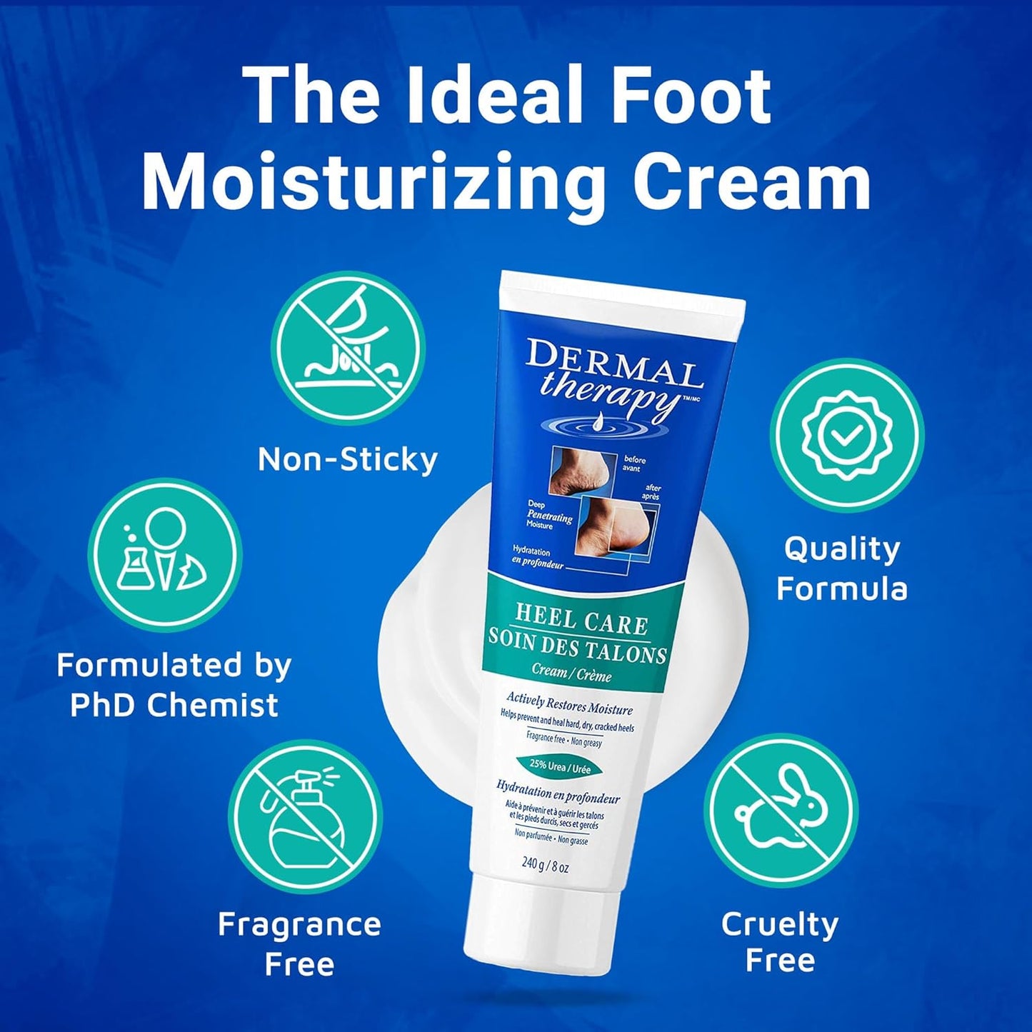 Dermal Therapy Heel Care Cream - Moisturizing Treatment that Repairs and Heals Dry, Rough, Cracked Heels and Feet | 25% Urea and 6% Alpha Hydroxy Acids (3oz+8oz Bundle)
