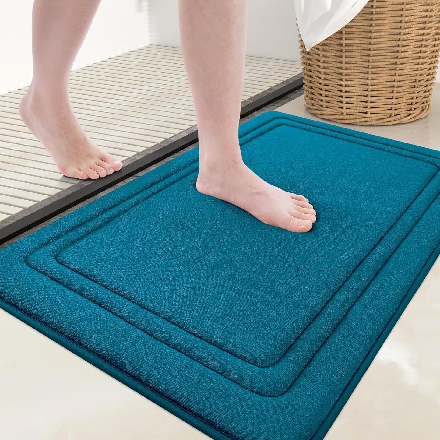Grandaily Memory Foam Bath Mat Rug 36x24, Ultra Soft, Non-Slip and Absorbent Bathroom Rugs, Machine Wash Dry, Comfortable Bath Carpet for Bathroom Floor, Tub and Shower, Peacock Blue