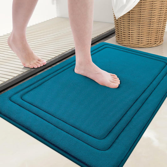 Grandaily Memory Foam Bath Mat Rug 24x16, Ultra Soft, Non-Slip and Absorbent Bathroom Rugs, Machine Wash Dry, Comfortable Bath Carpet for Bathroom Floor, Tub and Shower, Peacock Blue