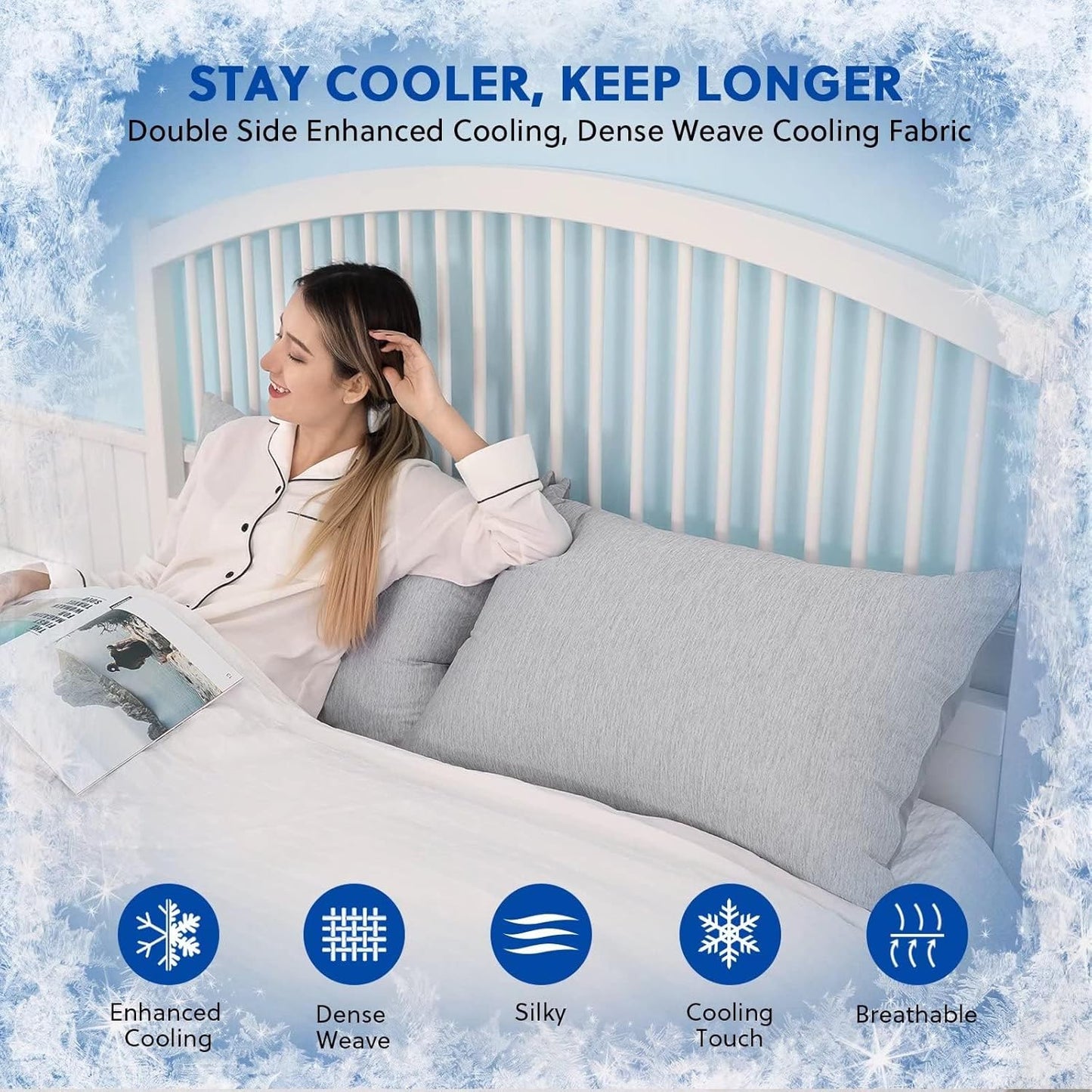 HOMFINE Cooling Pillowcases Queen Size - Double Side Q-Max 0.439 Cooling Fiber for Pillow Protector, Breathable Cold Pillow Cover for Hot Sleeper Night Sweat, Hidden Zipper, 2 Pack (20"x30", Grey)