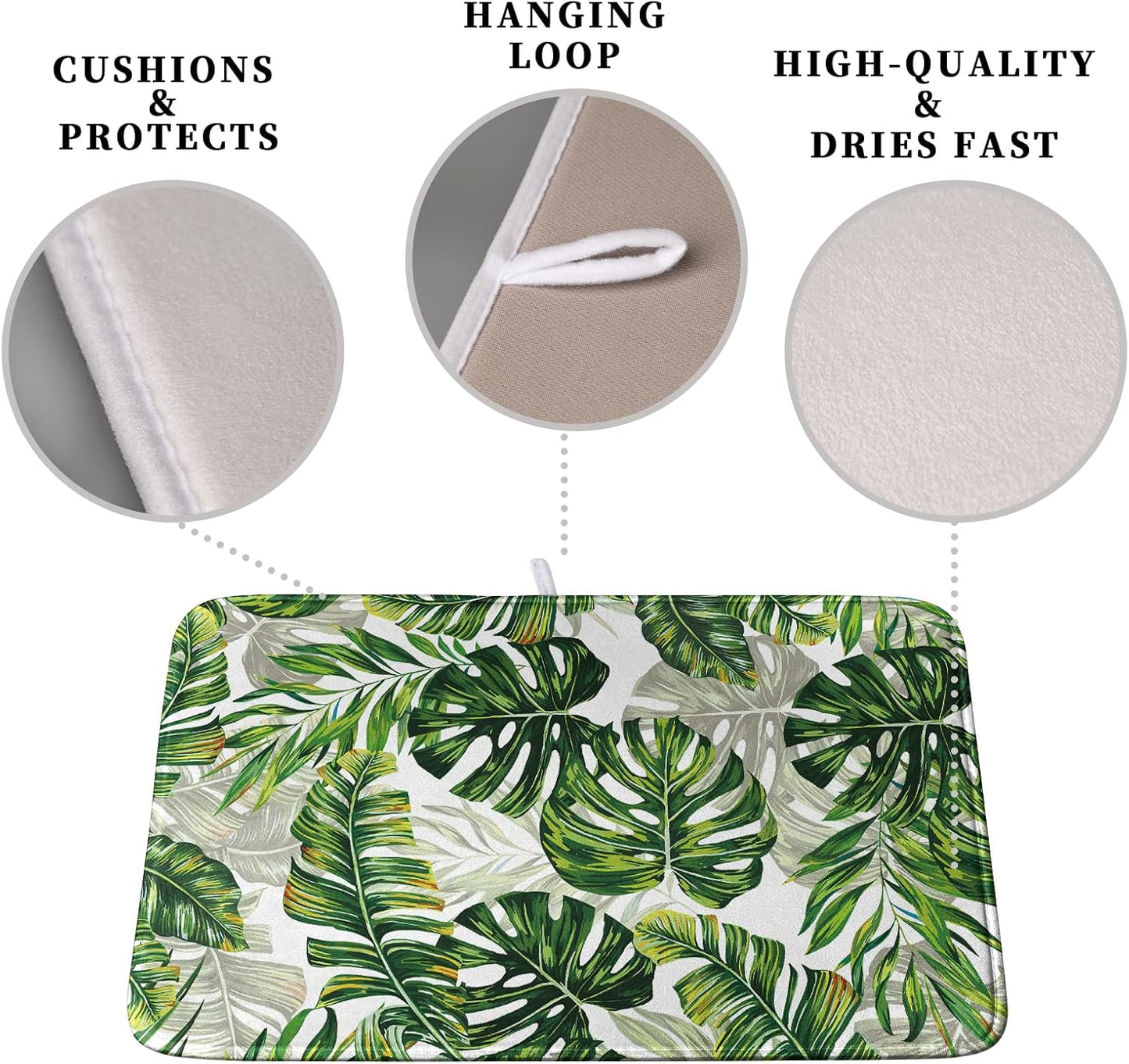 Tropical Palm Leaves Dish Drying Mat for Dishes 16x18 Inch Spring Green Monstera Leaf Drying Mat Watercolor Herbs Dish Drainer Mat Super Absorbent Dish Rack Pad for Coffee Bar Sinks
