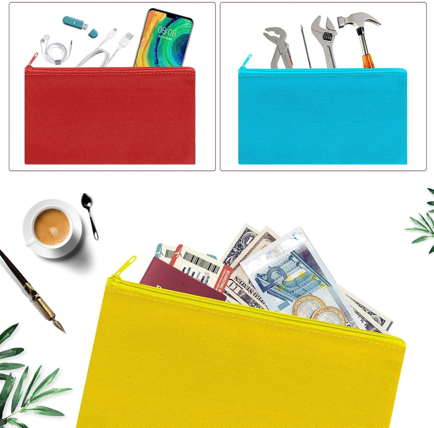 12 Pieces Cotton Canvas Makeup Bag, Multipurpose Cosmetic Bag with Zipper Travel Toiletry Pouch, Blank DIY Craft Bag (Multicolored A, M)