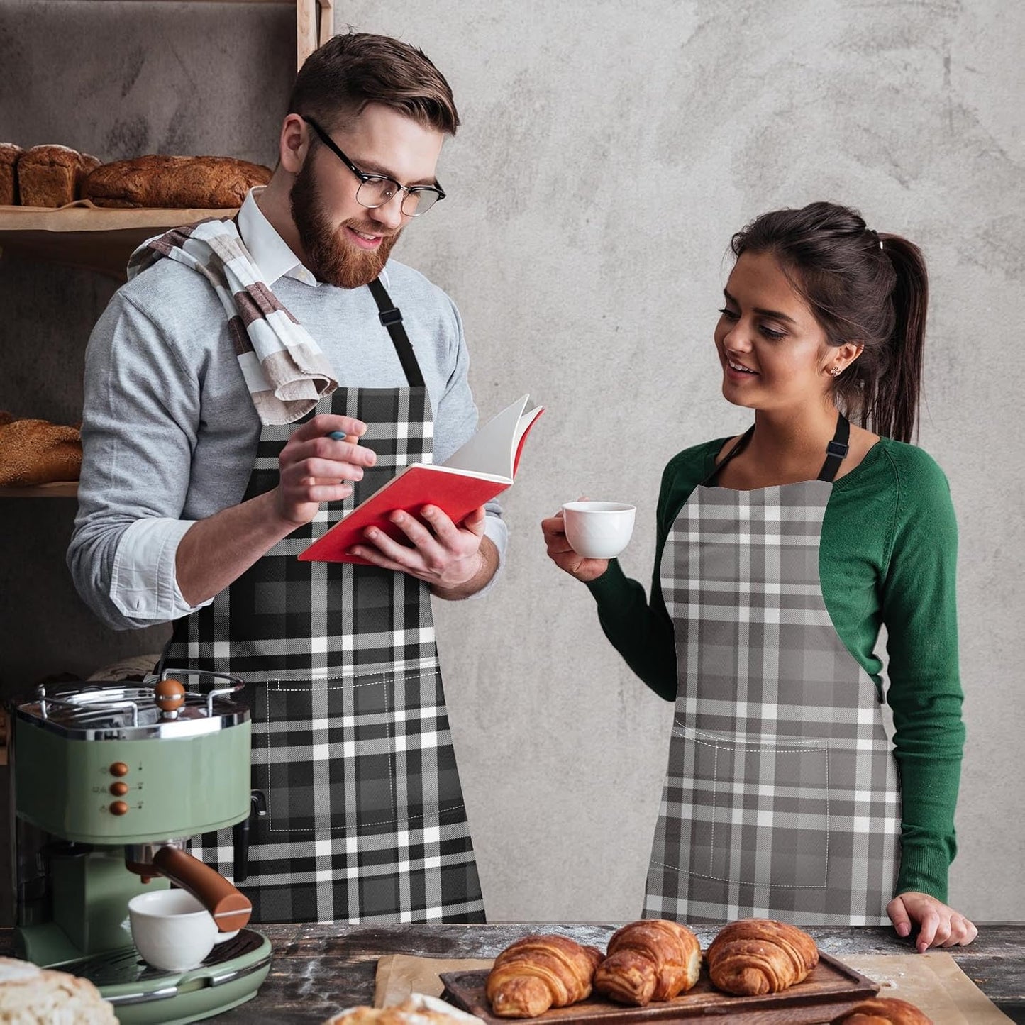 Britimes 2 Pack Aprons, Plaid Grid Geometric Adjustable Bib Aprons with 2 Pockets for Women Men Couple Lovers Chef Home Kitchen Cooking Baking Gardening Black Gray Apron 32x28 Inches