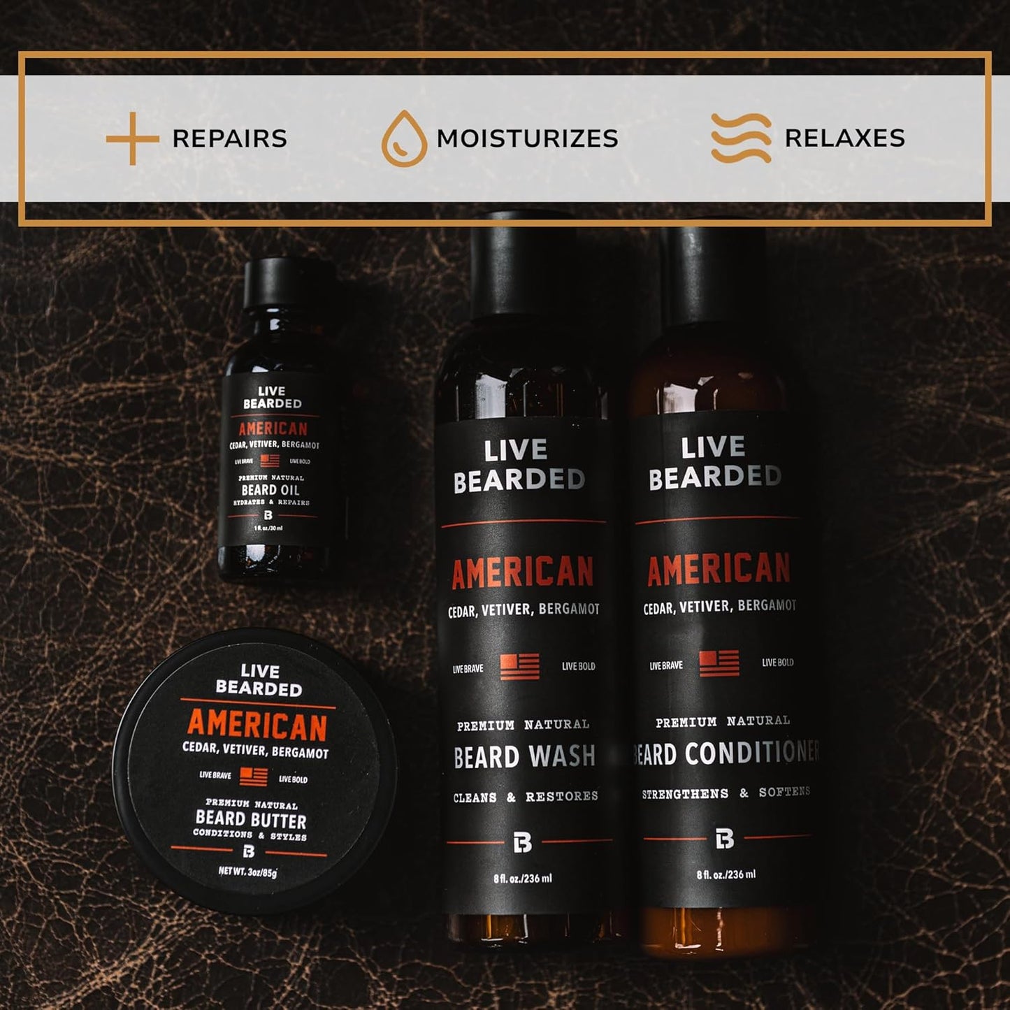 Live Bearded Complete Beard Grooming Kit - Wash, Conditioner, Butter and Oil - Made in the USA with All-Natural Ingredients - Mens Groom Set | American Scent - Cedar, Vetiver, Bergamont