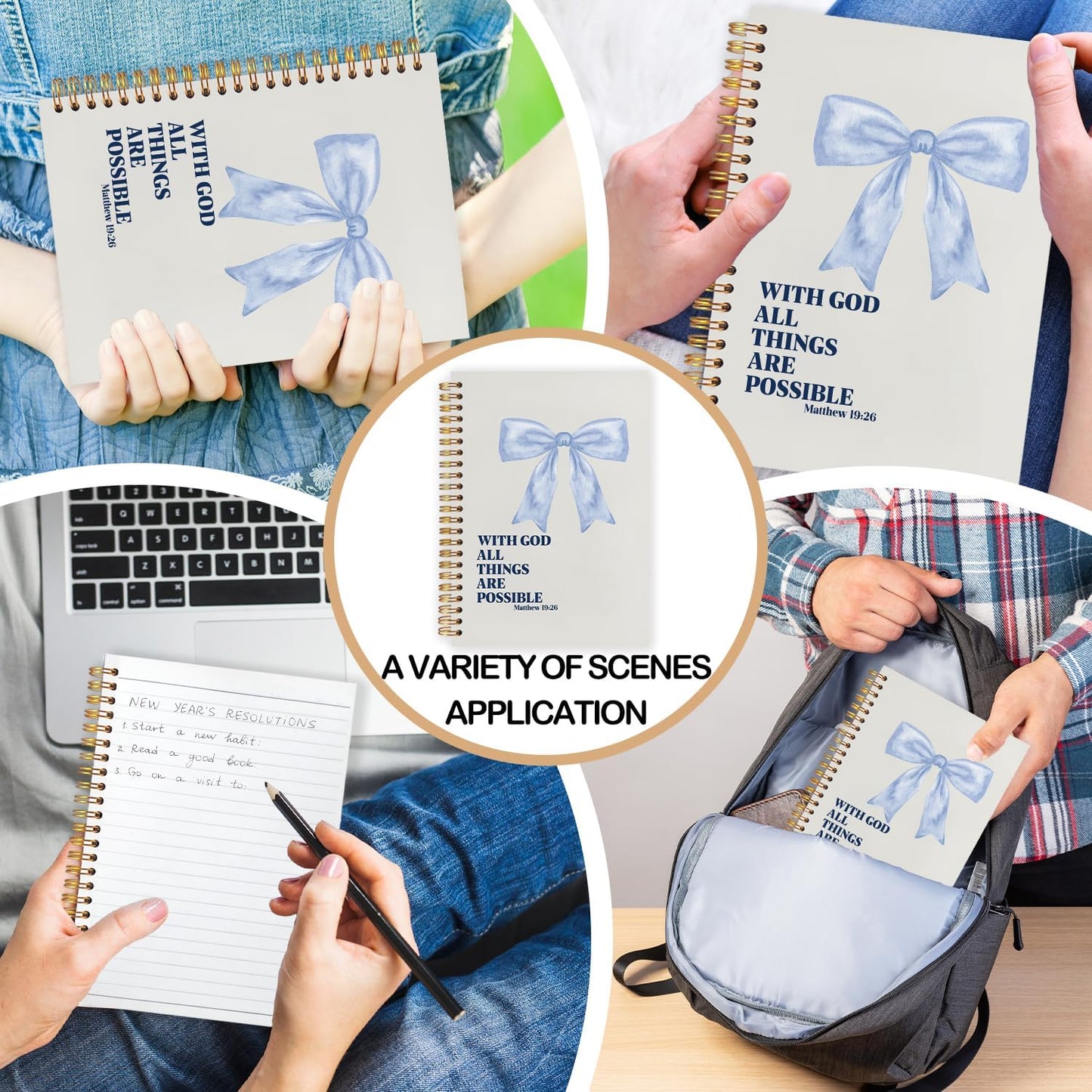 Coquette Blue Bow Christian Spiral Journal Notebook 5.5x8.3in, with God All Things Are Possible Inspirational Prayer Journal for Woman, Inspirational Bible Notebooks for Note Taking