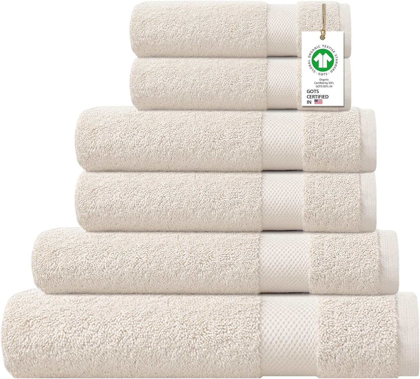 Delara 100% Organic Cotton Towel 650 GSM Plush Feather Touch Quick Dry Towel, 6-Piece Towel Set GOTS Certified, Oeko-Tex Green Certified, 1 Bath Towel, 1 Bath Sheet, 2 Hand Towels & 2 Wash Cloths