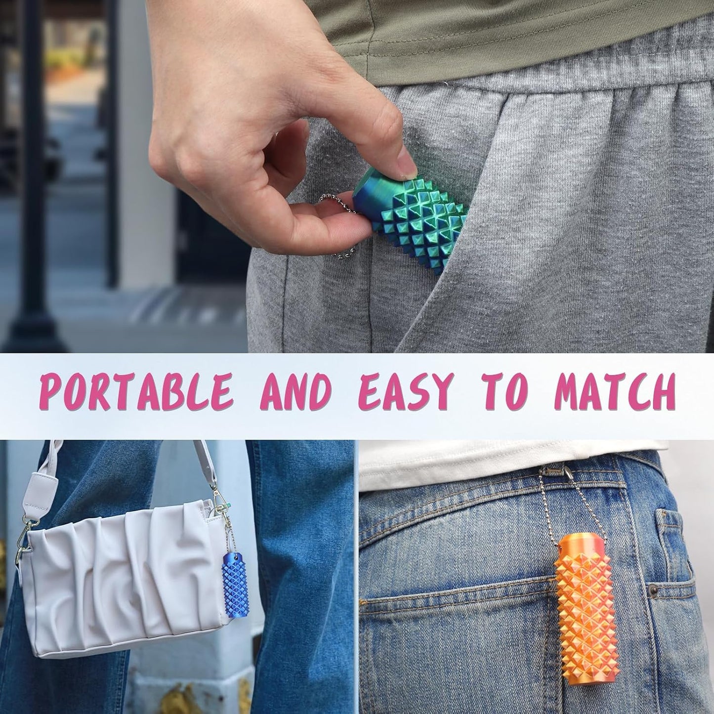 Spiky Fidget Roller Keychain, Anxiety Relief Handheld Sensory Toy, Stress Click Stick with Key Clip (set3, Normal)