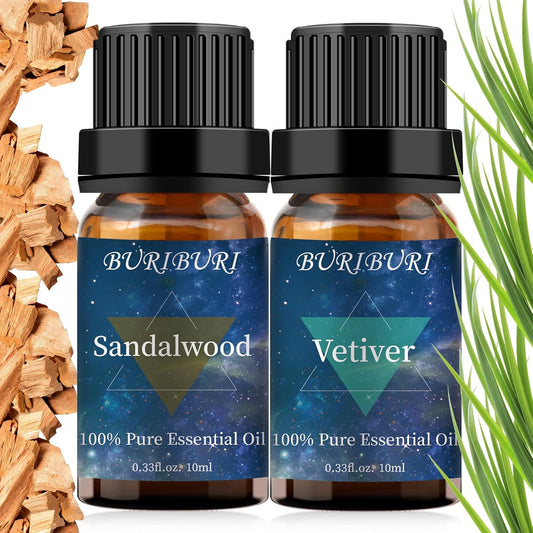 BURIBURI Sandalwood Oils and Vetiver Essential Oils Gifts Set, 2Pcs 100% Pure Aromatherapy Sandalwood Essential Oils for Diffuser, Massage, Soap Making