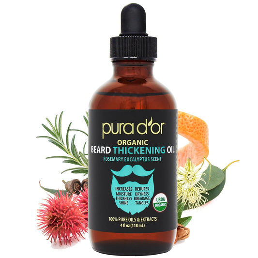 PURA D'OR 4 Oz Thickening Beard Oil – Moisturizing Blend with Rosemary, Biotin & Castor Oil – Increases Moisture, Thickness and Shine - Reduces Dryness and Breakage