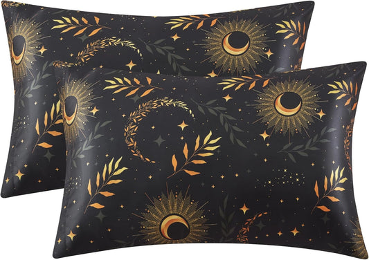 EXQ Home Satin Pillowcase for Hair and Skin Queen - Printed Black Moon Silk Pillowcase 2 Pack 20x30 inches - Satin Pillow Cases Set of 2 with Envelope Closure, Gifts for Women