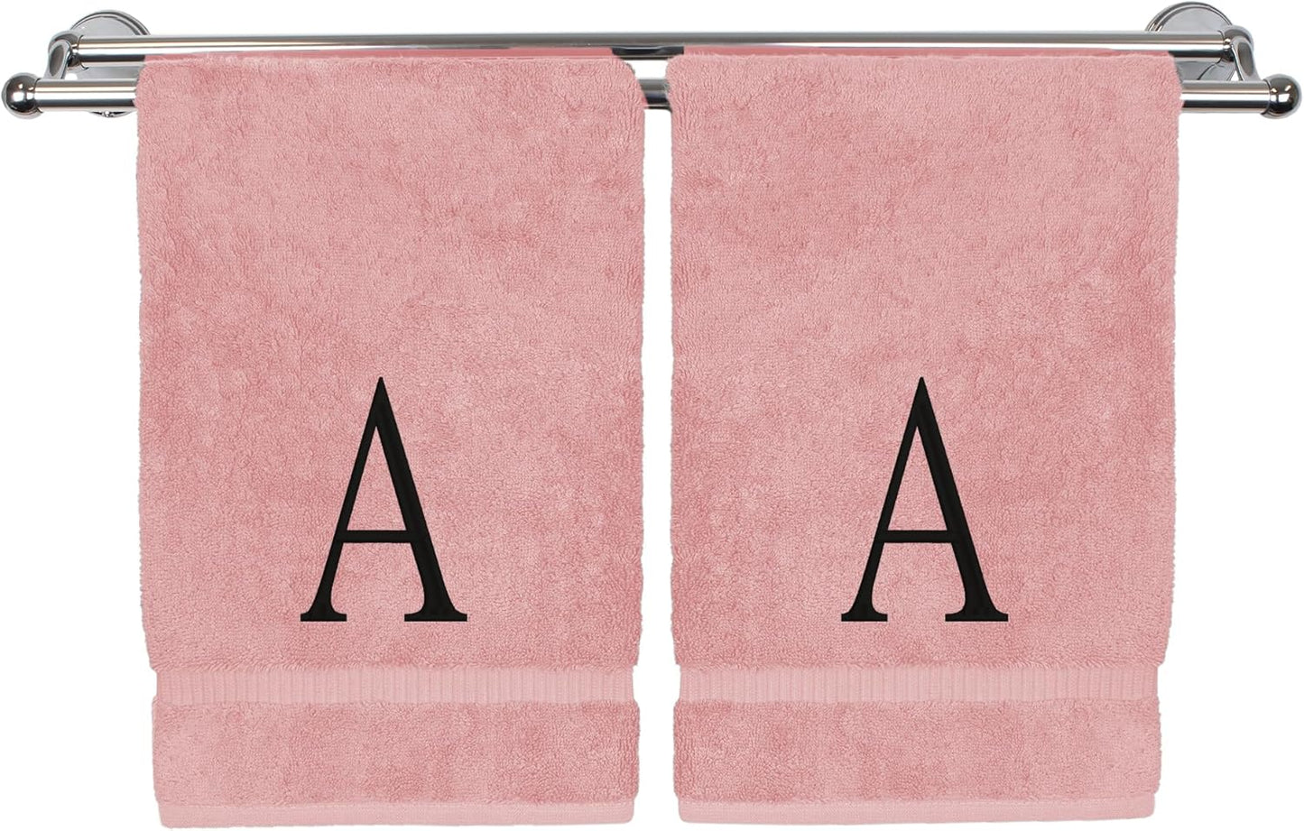 Monogrammed Hand Towel, Personalized Initial Gift, Extra Absorbent 100% Turkish Cotton - Soft Terry Finish - Set of 2 - Black Block Initial A - Embroidered on Pink Towels
