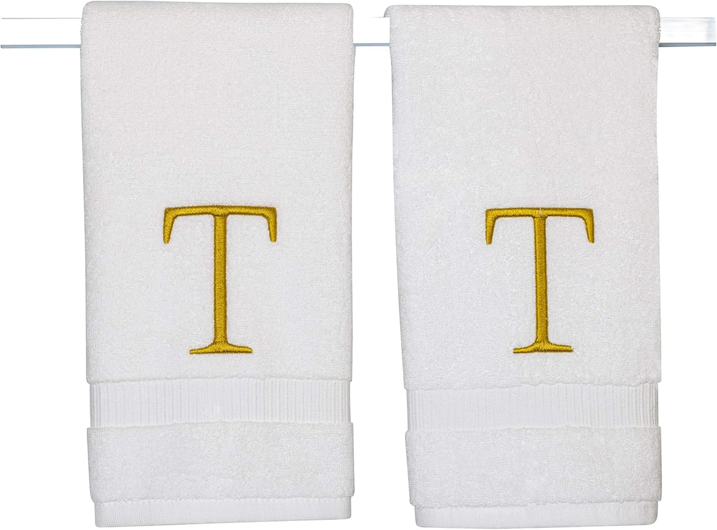 Monogrammed Hand Towels for Bathroom - Luxury Hotel Quality Personalized Initial Decorative Embroidered Bath Towel for Powder Room, Spa - GOTS Organic Certified - Set of 2 Gold Letter T