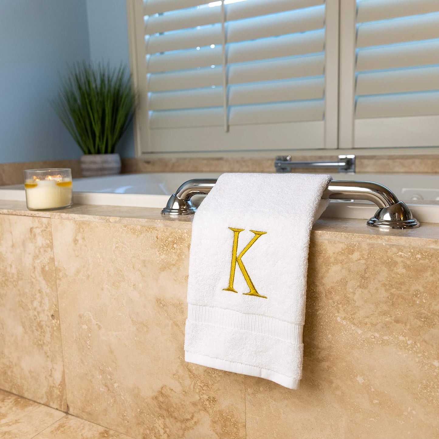 Monogrammed Hand Towels for Bathroom - Luxury Hotel Quality Personalized Initial Decorative Embroidered Bath Towel for Powder Room, Spa - GOTS Organic Certified - Set of 2 Gold Letter K