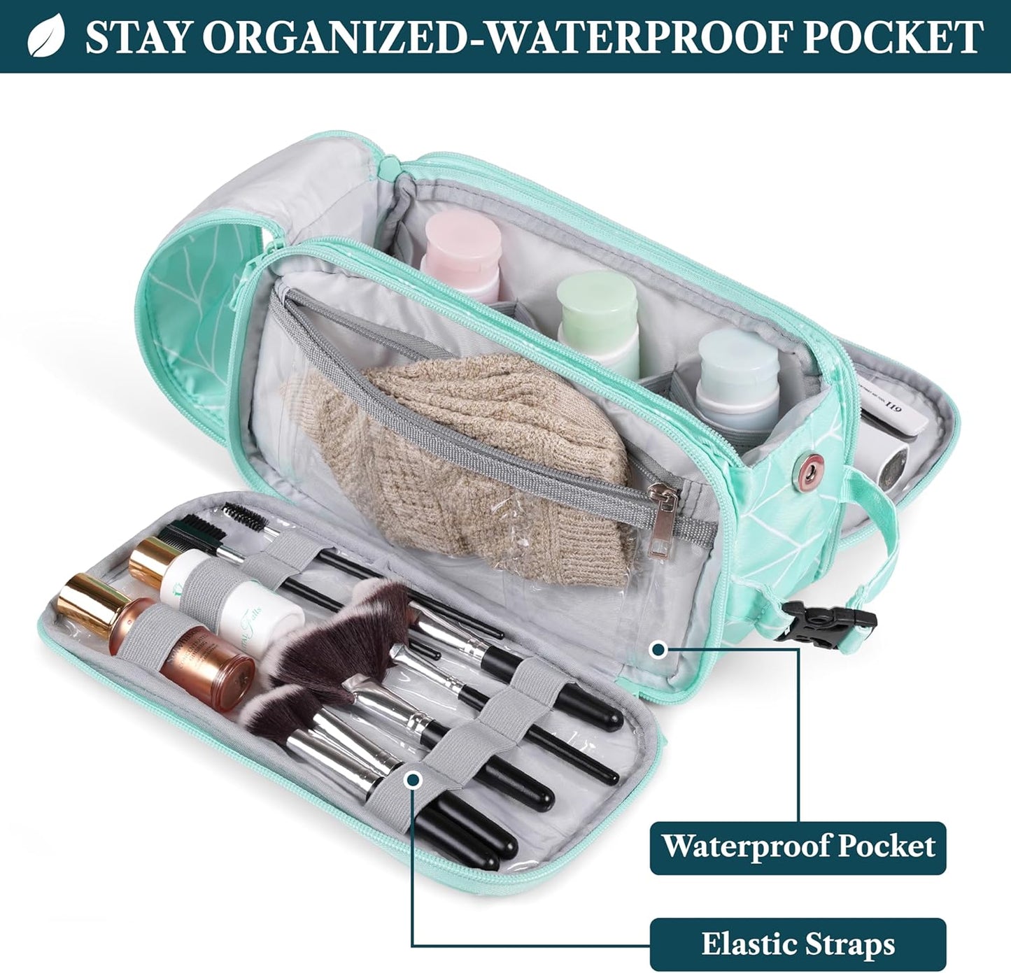 PAVILIA Large Toiletry Bag for Men Women, Mens Travel Bag Toiletries Organizer Case for Grooming, Travel Essentials Shaving Dopp Kit, PU Leather Water Resistant Cosmetic Pouch, Teal Chevron