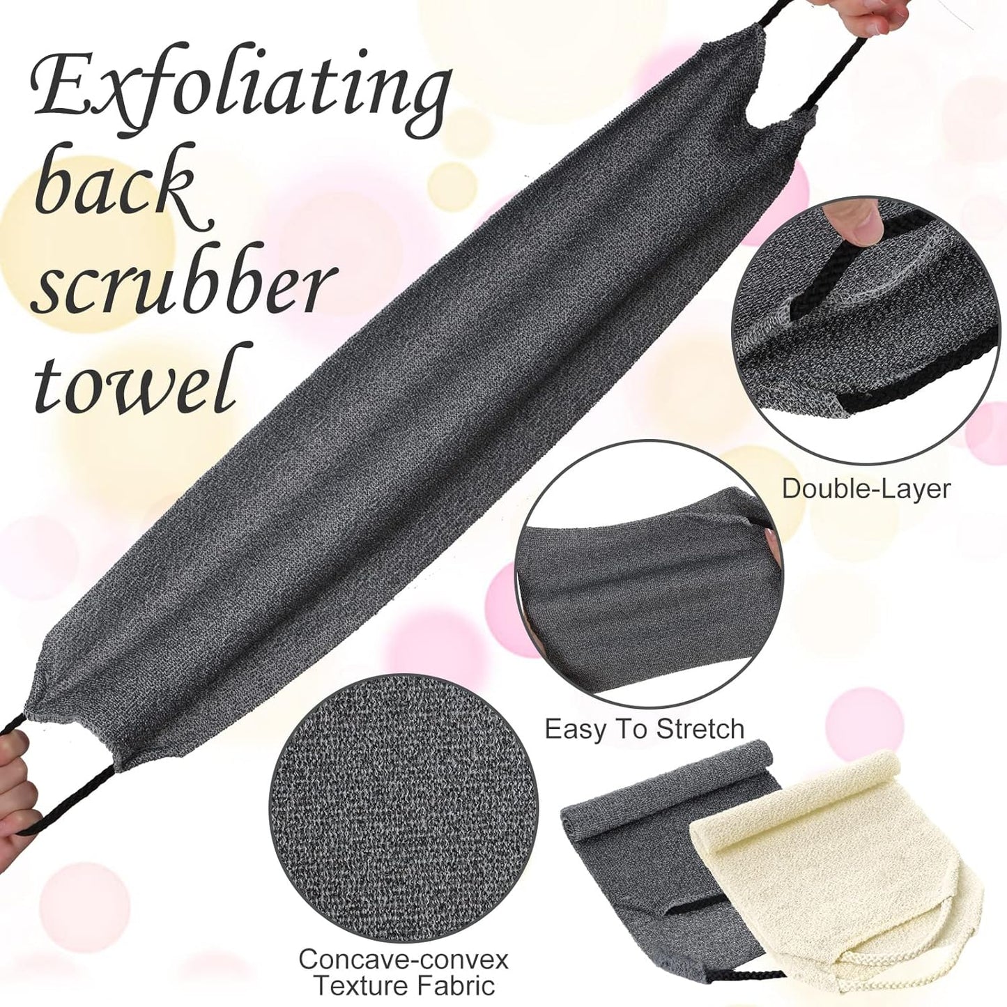 Moukeren Exfoliating Back Scrubber with Handles 4 Pack Nylon Back Exfoliator Extended Length Washers Scrubbers Stretchable Pull Strap Exfoliating Washcloth(Grey, Cream White)