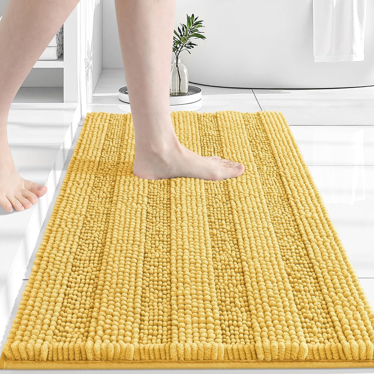 Grandaily Chenille Striped Bathroom Rugs 24x16, Extra Thick and Absorbent Bath Mats, Non-Slip Soft Plush Shaggy Shower Carpet, Machine Wash Dry, Bath Rug for Bathroom, (Small, Yellow)