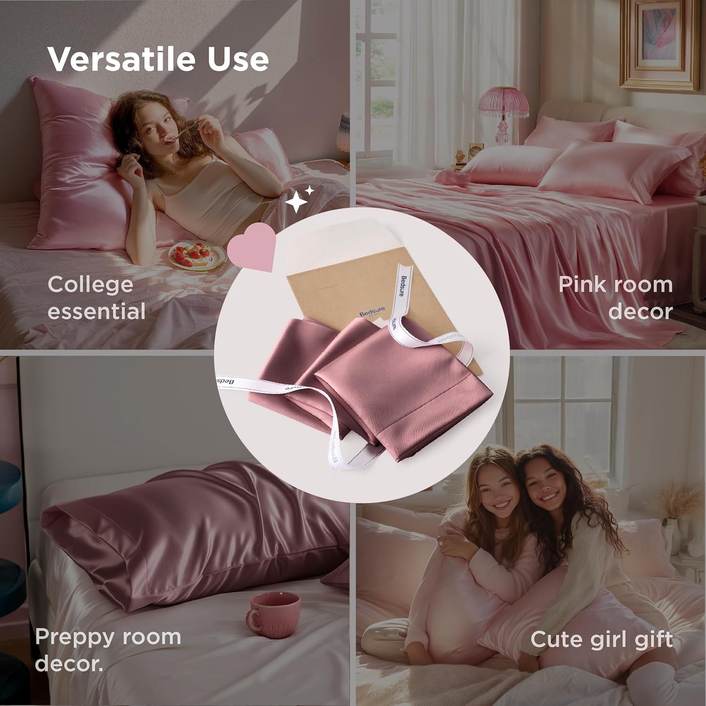 Bedsure Satin Pillowcase 2 Pack Similar to Silk Pillow Cases Standard Size, Pillow Case for Sleeping Women with Envelope Closure, Gifts for Women Men, Nostalgia Rose, 20x26 Inches, 2pcs