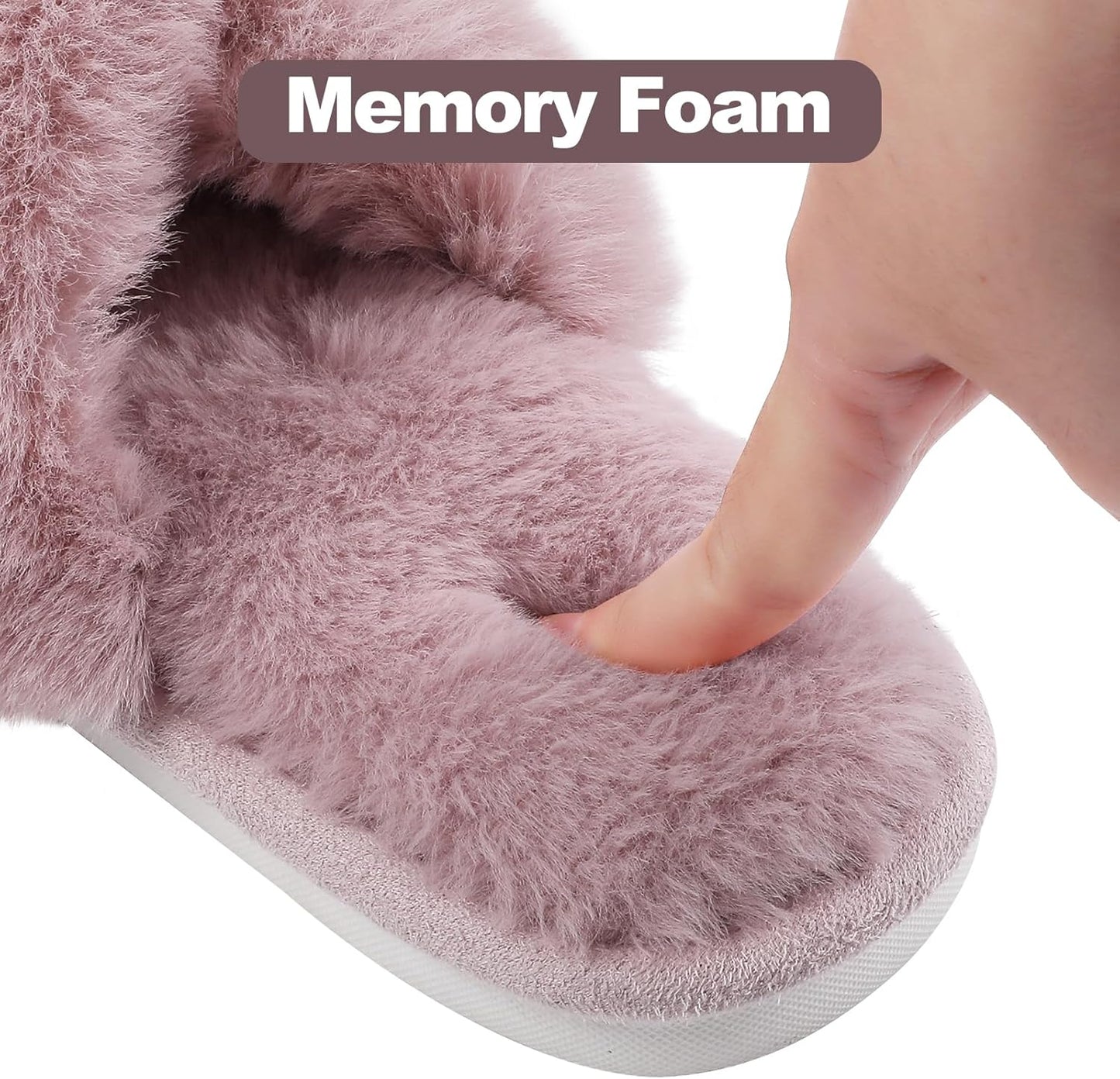 Evshine Women's Fuzzy Slippers Cross Band Memory Foam House Slippers Open Toe