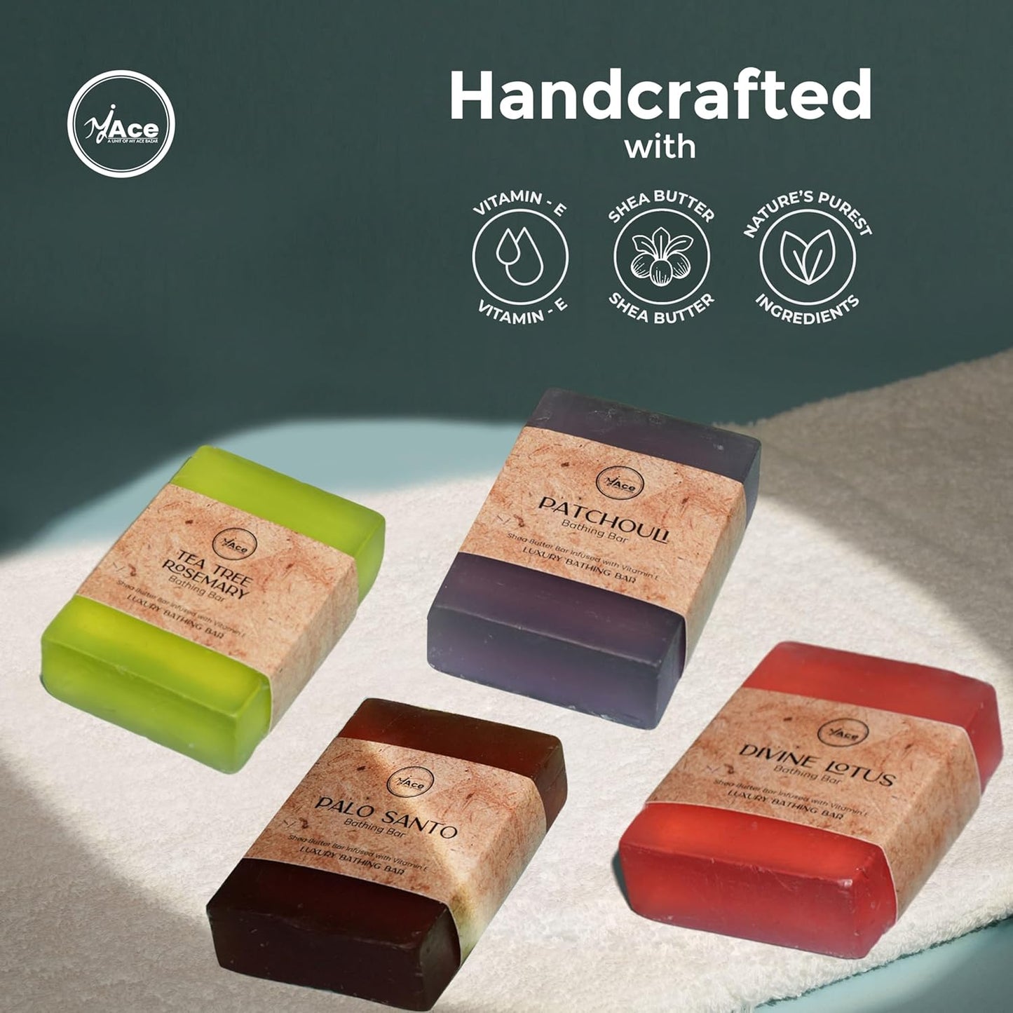 MY ACE Handmade Soap Set – 4 Bathing Bars: Tea Tree Rosemary, Patchouli, Divine Lotus & Palo Santo – SLES & Paraben-Free, Coconut Oil, Shea Butter & Vitamin E – Gentle & Moisturizing, 3.5 oz Each