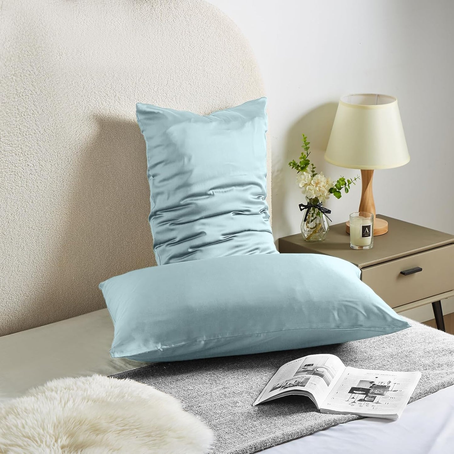 Mulberry Silk Pillowcase - Soft, Breathable, Smooth Both Sided Natural Silk Pillowcase with Zipper - Beauty Sleep Silk Pillow Case 1 Pack for Gift (Queen, Haze Blue)