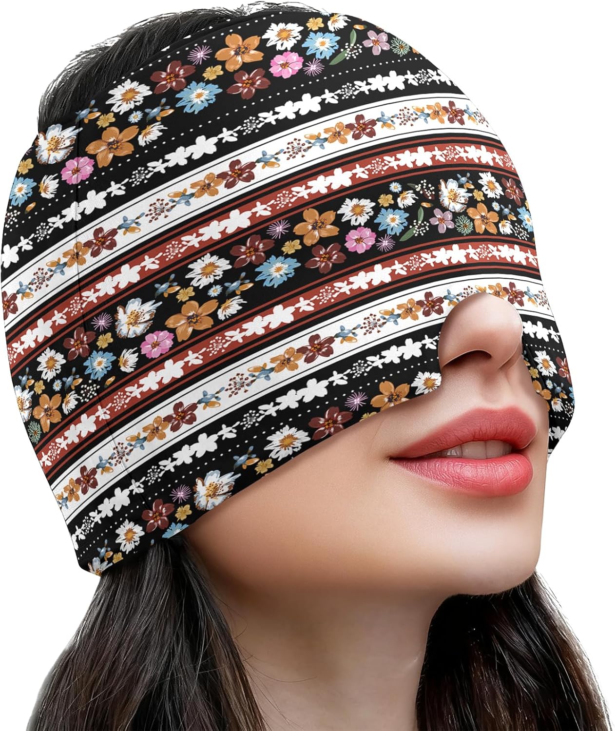 Migraine Relief Cap,Headache Relieve Cap,Black Flowers Reusable Gel Ice Head Wrap Cap for Tension,Stress,Hangover & Puffy Eyes.