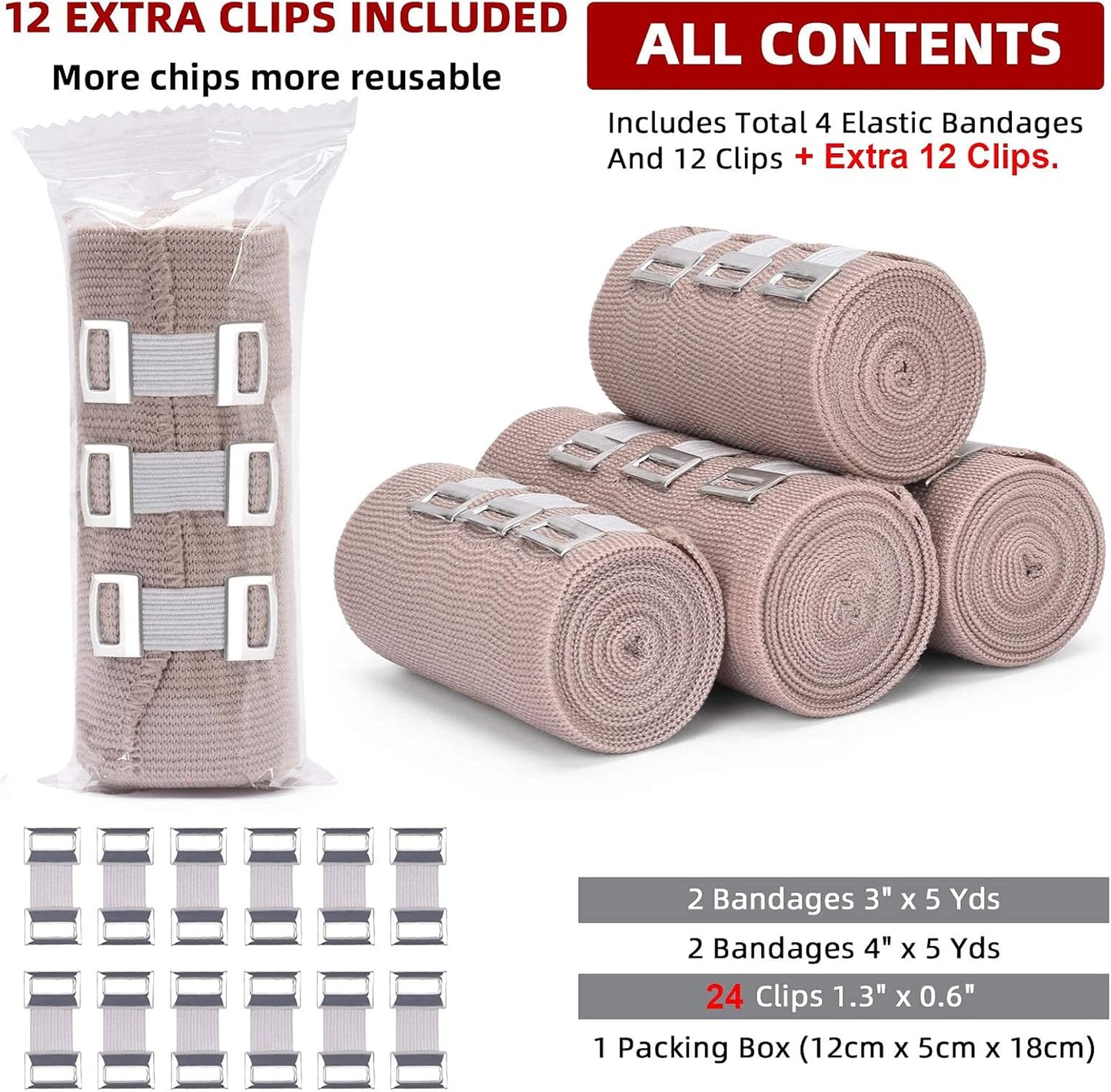 FRESINIDER Elastic Bandage Wrap 4 Pack(2 X 3 + 2 X 4 Wide Rolls) + 24 Clips | Stretch Compression Bandage Stretches up to 15ft | Ideal for Medical, Sports, Sprains, Calf, Ankle & Foot