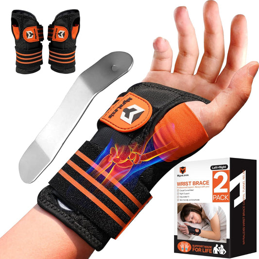 2 Pack Carpal Tunnel Wrist Brace [2025 Upgraded Adjustable Straps & Elastic Thumb Hole] Soft Breathable Night Support Wrist Brace for Pain Relief Tendonitis, Sprain, Arthritis - Left & Right (Size:S)