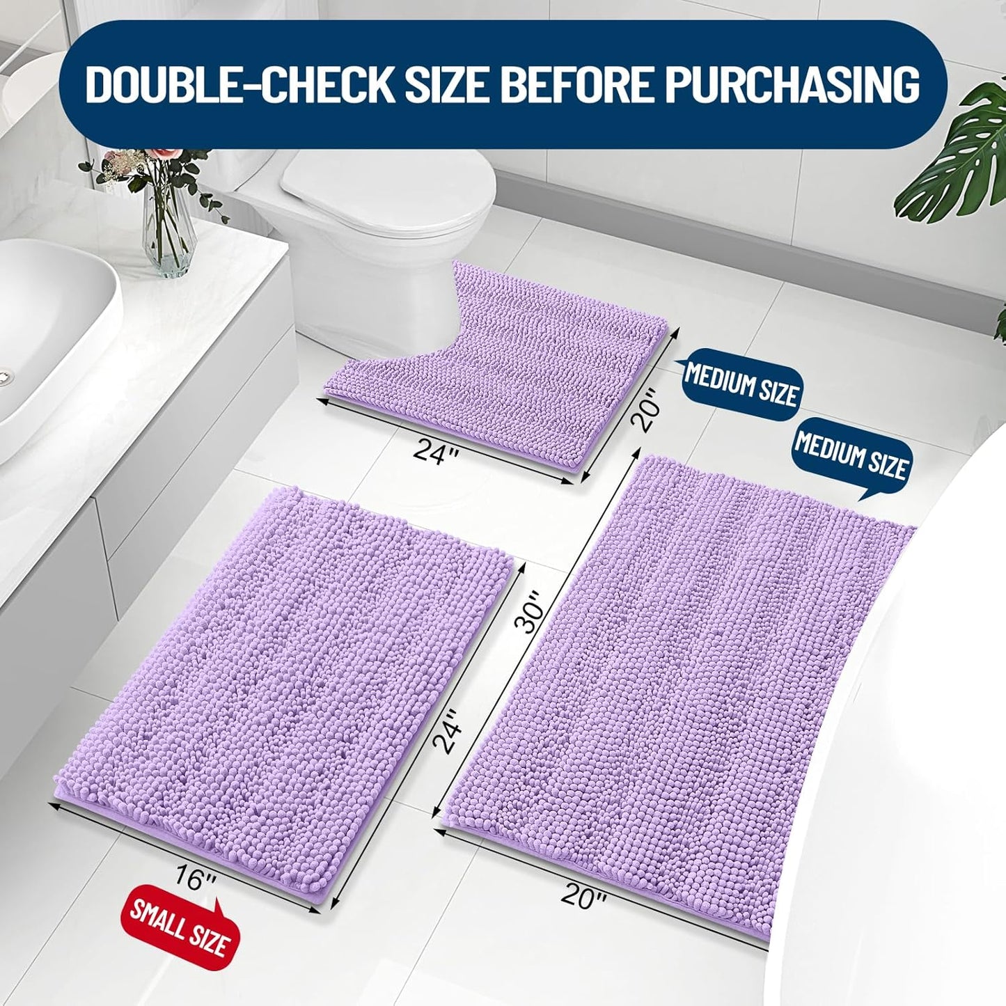 Grandaily Chenille Striped Bathroom Rugs 24x16, Extra Thick and Absorbent Bath Mats, Non-Slip Soft Plush Shaggy Shower Carpet, Machine Wash Dry, Bath Rug for Bathroom, (Small, Purple)