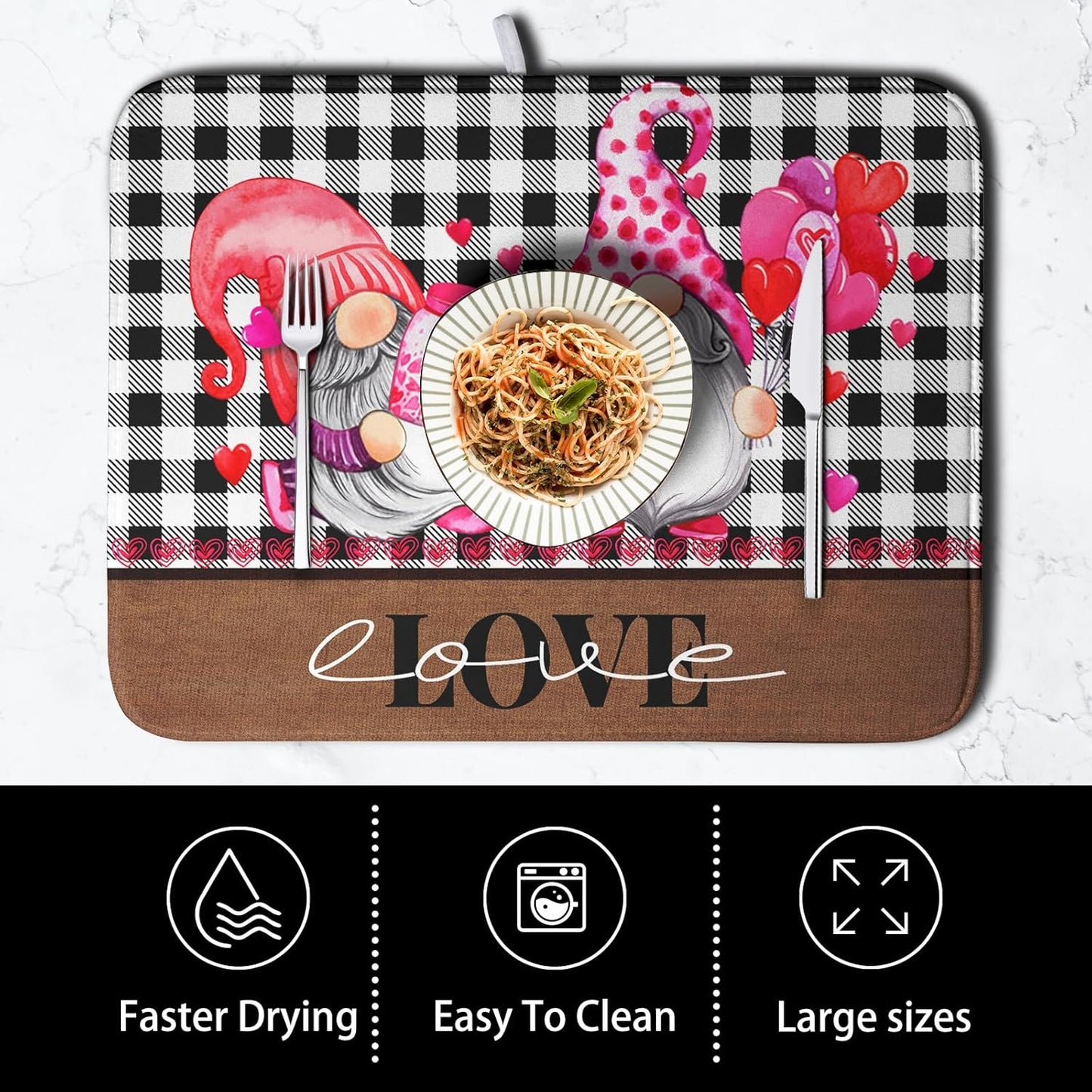 Valentine's Day Dish Drying Mats for Kitchen Counter, Gnome Love Kitchen Drying Mat, Buffalo Plaid Dish Drainer Mat Absorbent Quick Dry Dishes Pad 18 x 24 In - Farmhouse Decor Valentines Gift
