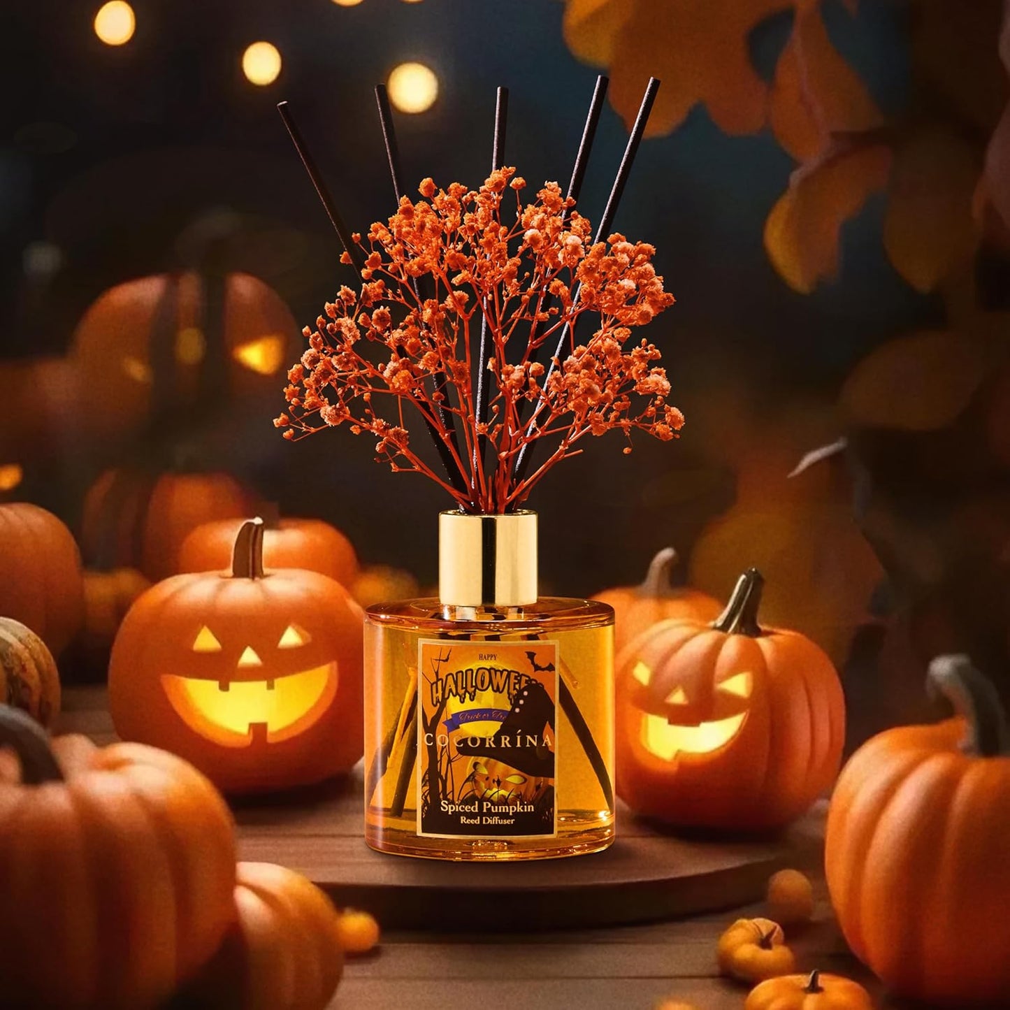 COCORRÍNA Reed Diffuser - Spiced Pumpkin 6.7 fl oz Scented Diffuser with 8 Sticks Home Fragrance Bathroom Shelf Decor (Halloween Collection)