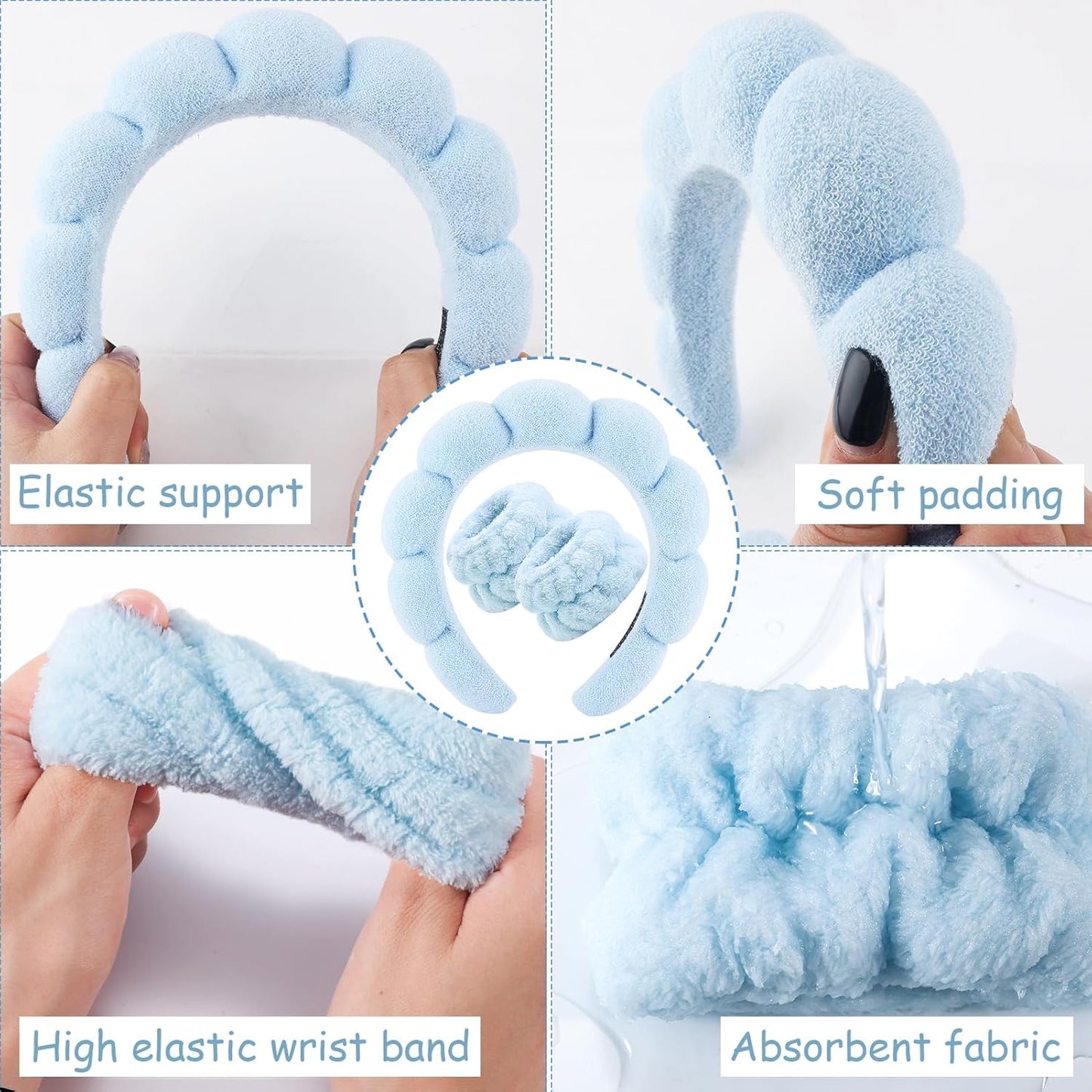 Zkptops Spa Headband for Washing Face Wristband Set Sponge Makeup Skin Care Terry Cloth Bubble Soft Get Ready Light Blue Hairband Women Girls Puffy Padded Headwear Non Slip Thick Hair Accessory