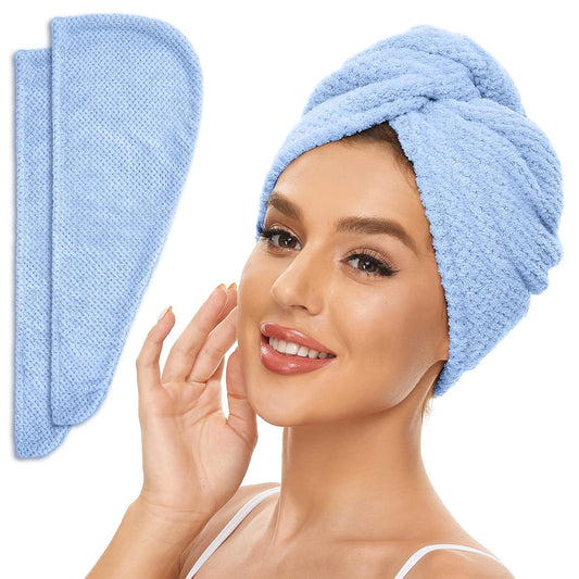 2 Pack Microfiber Hair Towel Wrap for Women, Anti Frizz Quick Drying Hair Turban for All Hair Style, Absorbent and Lightweight (Blue)
