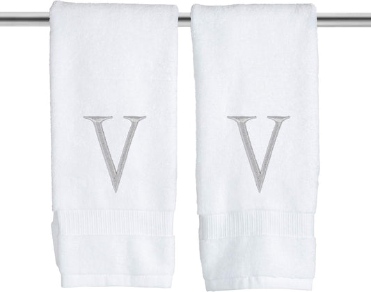 Monogrammed Hand Towels for Bathroom - Luxury Hotel Quality Personalized Initial Decorative Embroidered Bath Towel for Powder Room, Spa - GOTS Organic Certified - Set of 2 Letter V