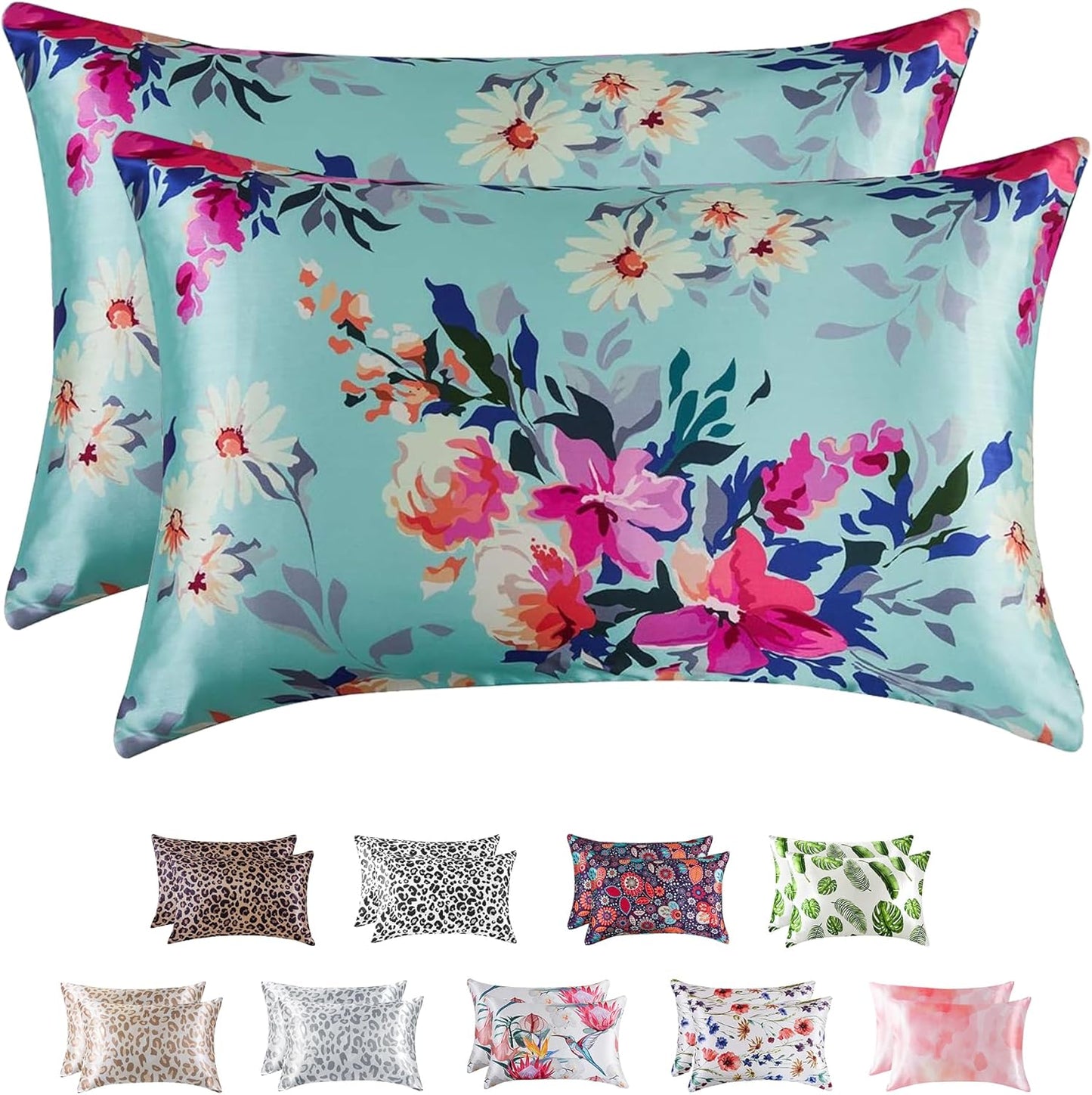 MR&HM Satin Pillowcase for Hair and Skin, Silk Satin Pillowcase 2 Pack, Queen Size Pillow Cases Set of 2, Silky Pillow Cover with Envelope Closure (20x30, Floral Green)